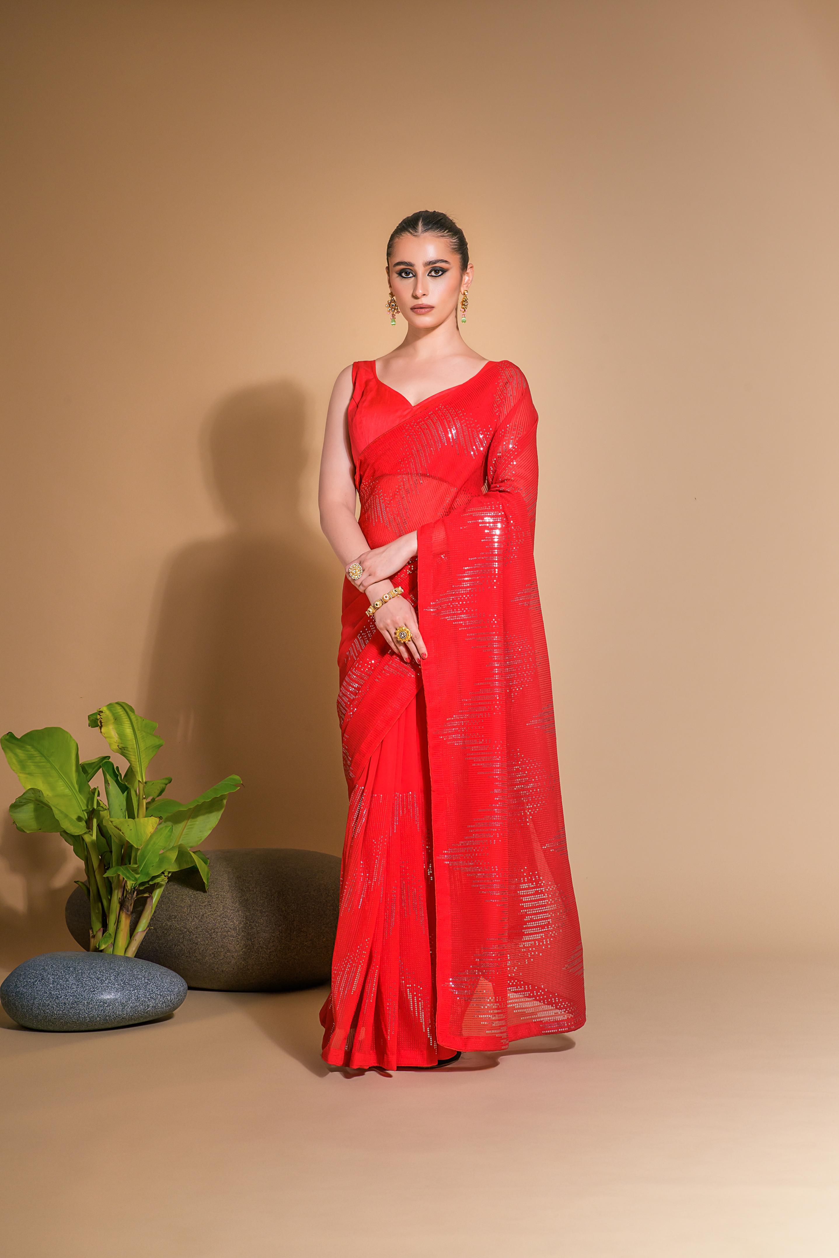 Jyoti Fashion Women's Red Georgette Sequins Embroidered Designer Saree with Blouse - Distacart