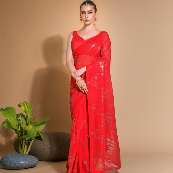 Jyoti Fashion Women's Red Georgette Sequins Embroidered Designer Saree with Blouse - Distacart
