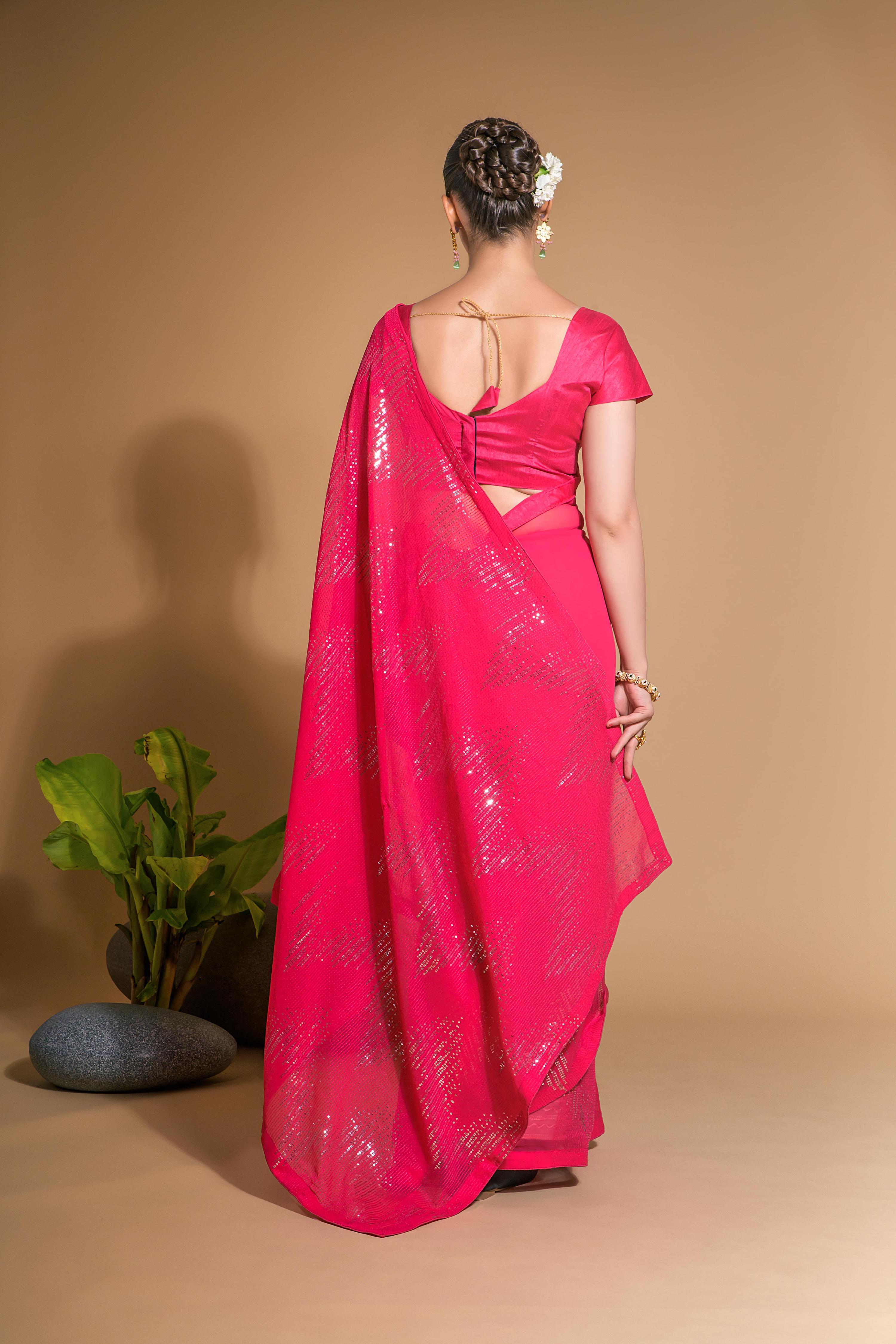 Jyoti Fashion Women's Pink Georgette Sequins Embroidered Designer Saree with Blouse - Distacart