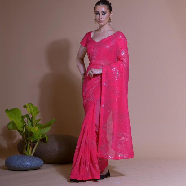 Jyoti Fashion Women's Pink Georgette Sequins Embroidered Designer Saree with Blouse - Distacart