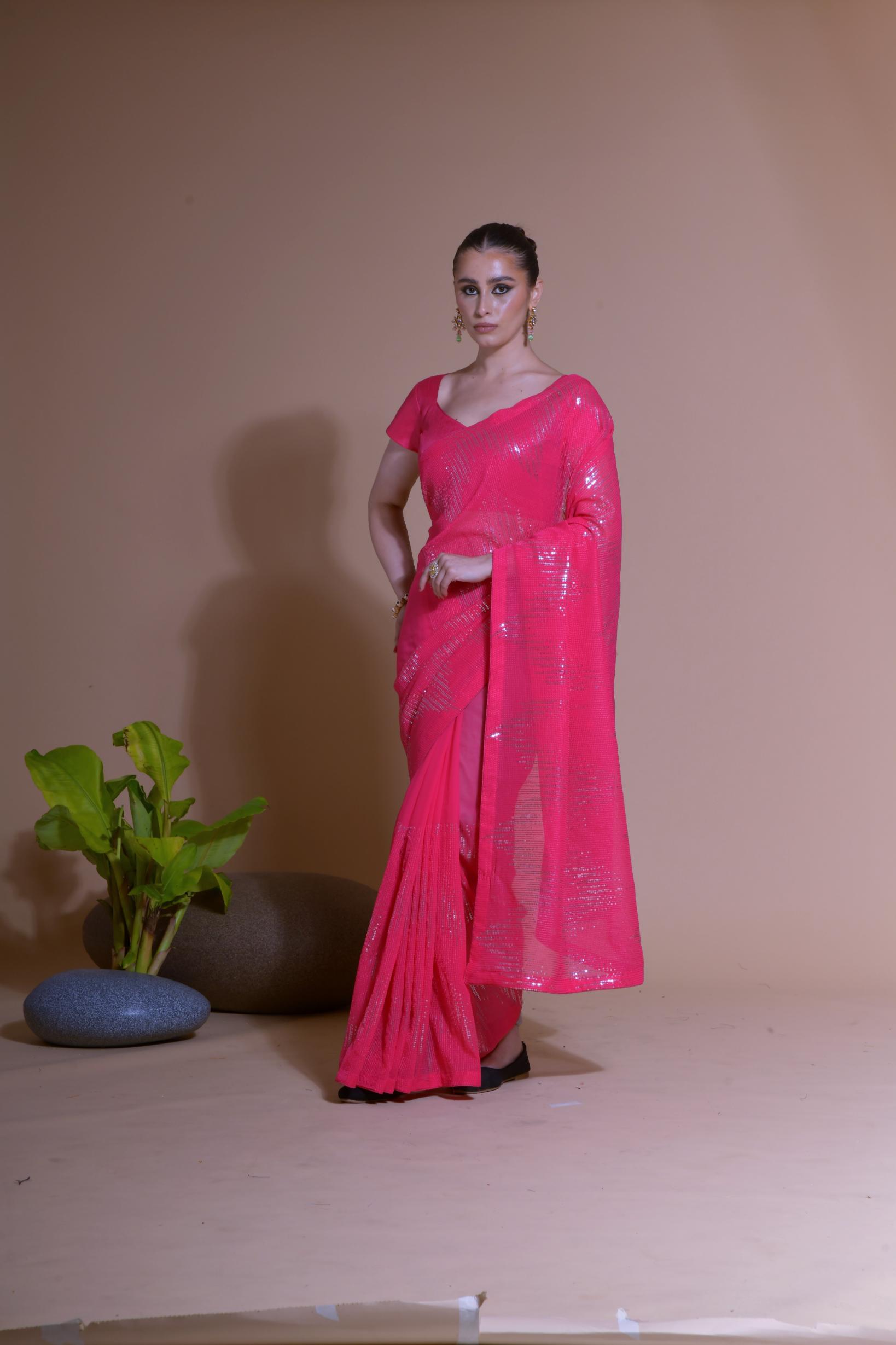 Jyoti Fashion Women's Pink Georgette Sequins Embroidered Designer Saree with Blouse - Distacart