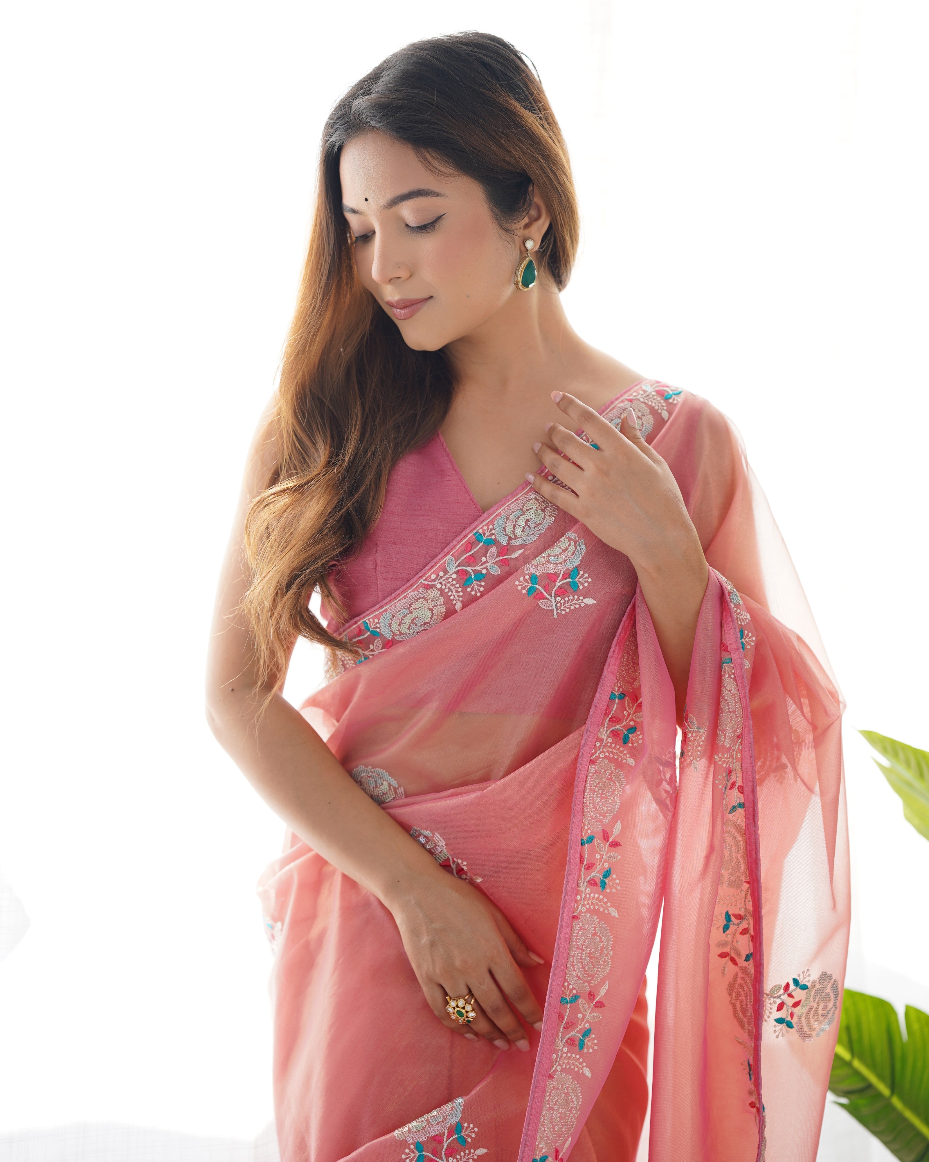 Jyoti Fashion Women's Peach Net Sequins Embroidered Designer Saree with Blouse - Distacart