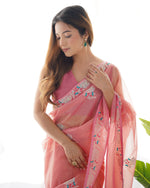 Thumbnail for Jyoti Fashion Women's Peach Net Sequins Embroidered Designer Saree with Blouse - Distacart