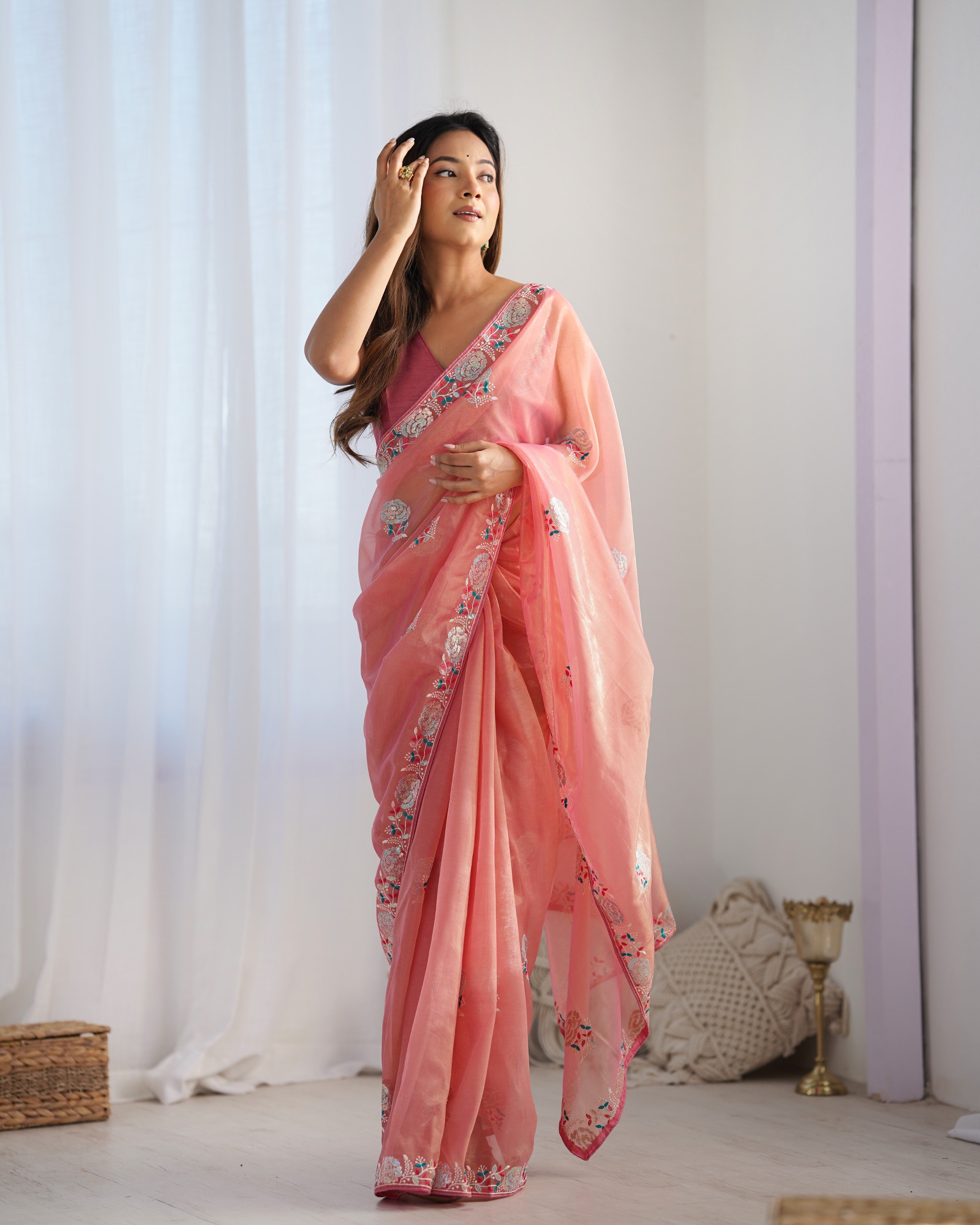 Jyoti Fashion Women's Peach Net Sequins Embroidered Designer Saree with Blouse - Distacart