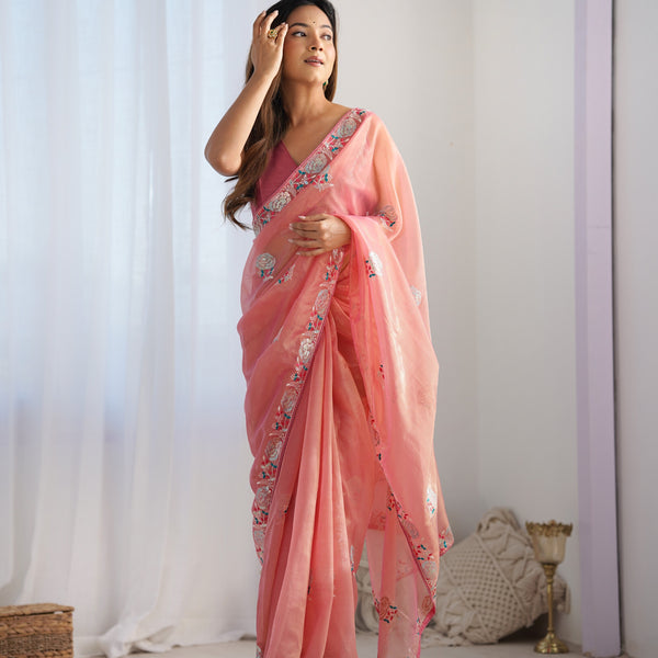 Jyoti Fashion Women's Peach Net Sequins Embroidered Designer Saree with Blouse - Distacart