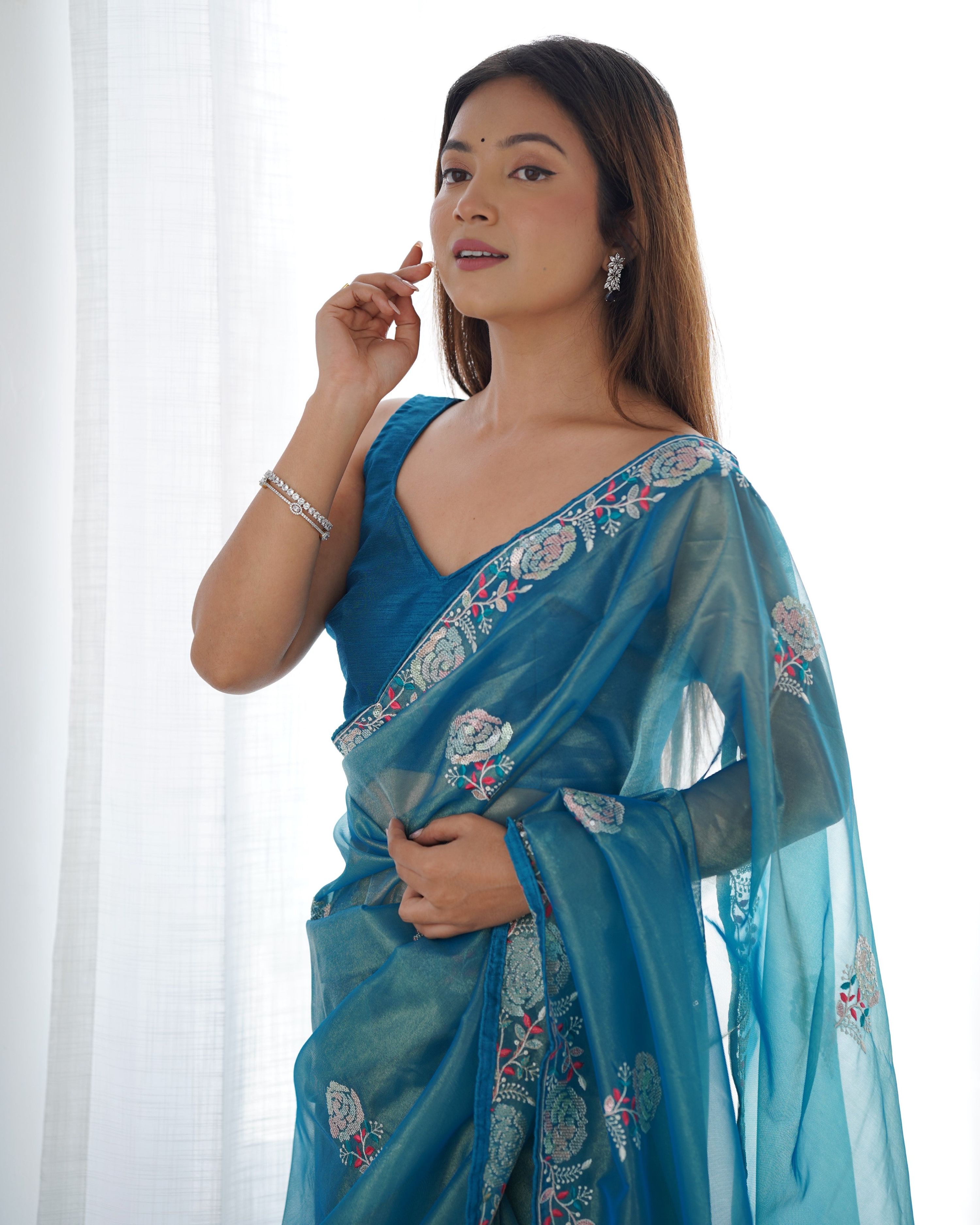 Jyoti Fashion Women's Blue Net Sequins Embroidered Designer Saree with Blouse - Distacart
