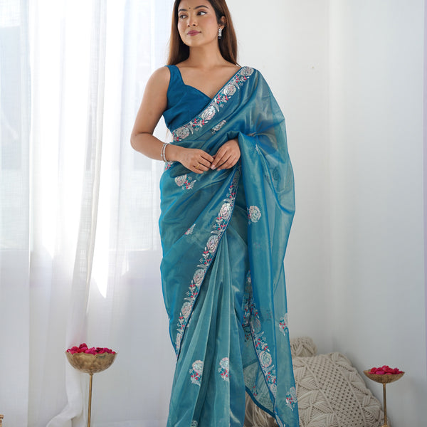 Jyoti Fashion Women's Blue Net Sequins Embroidered Designer Saree with Blouse - Distacart