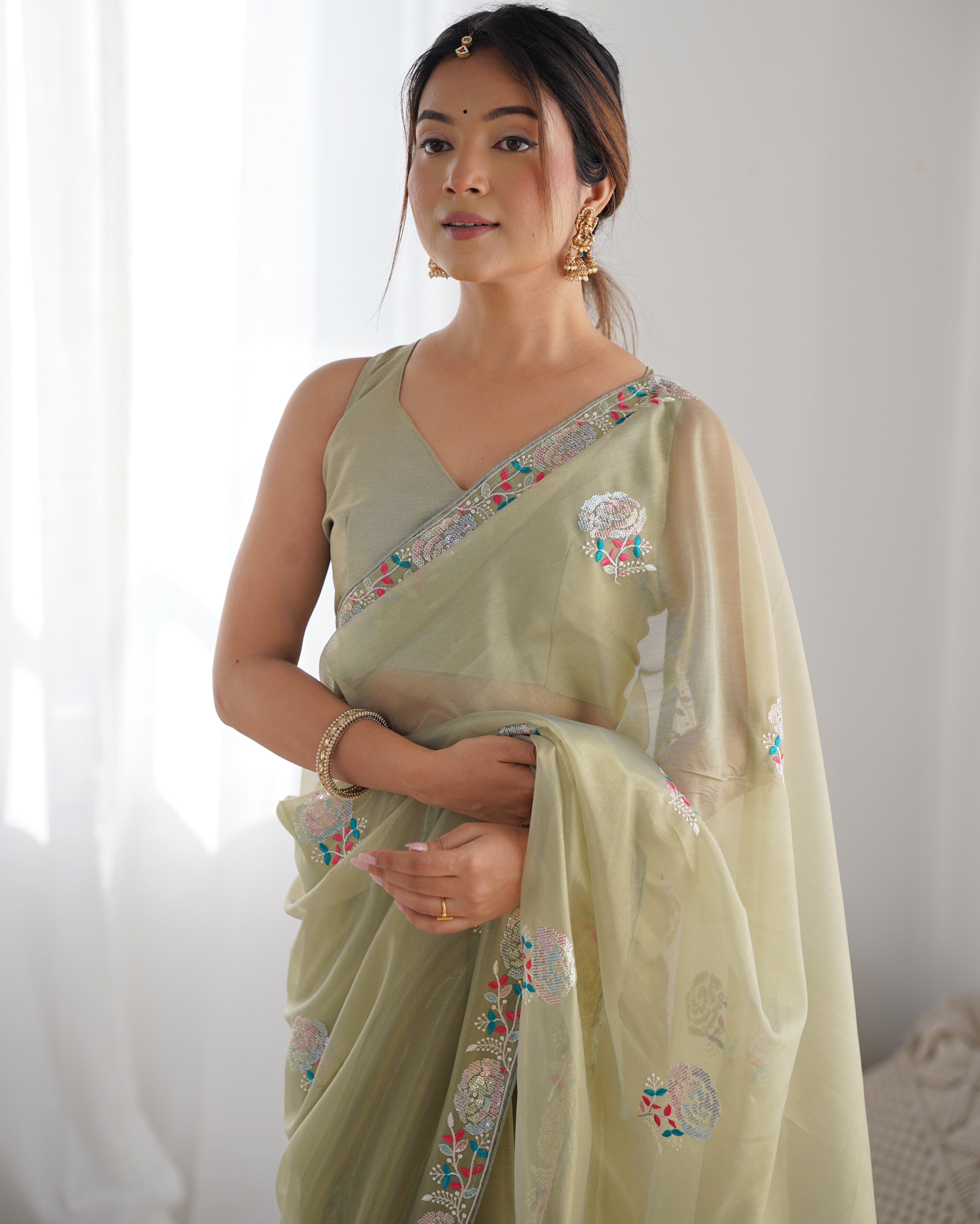 Jyoti Fashion Women's Pista Green Net Sequins Embroidered Designer Saree with Blouse - Distacart