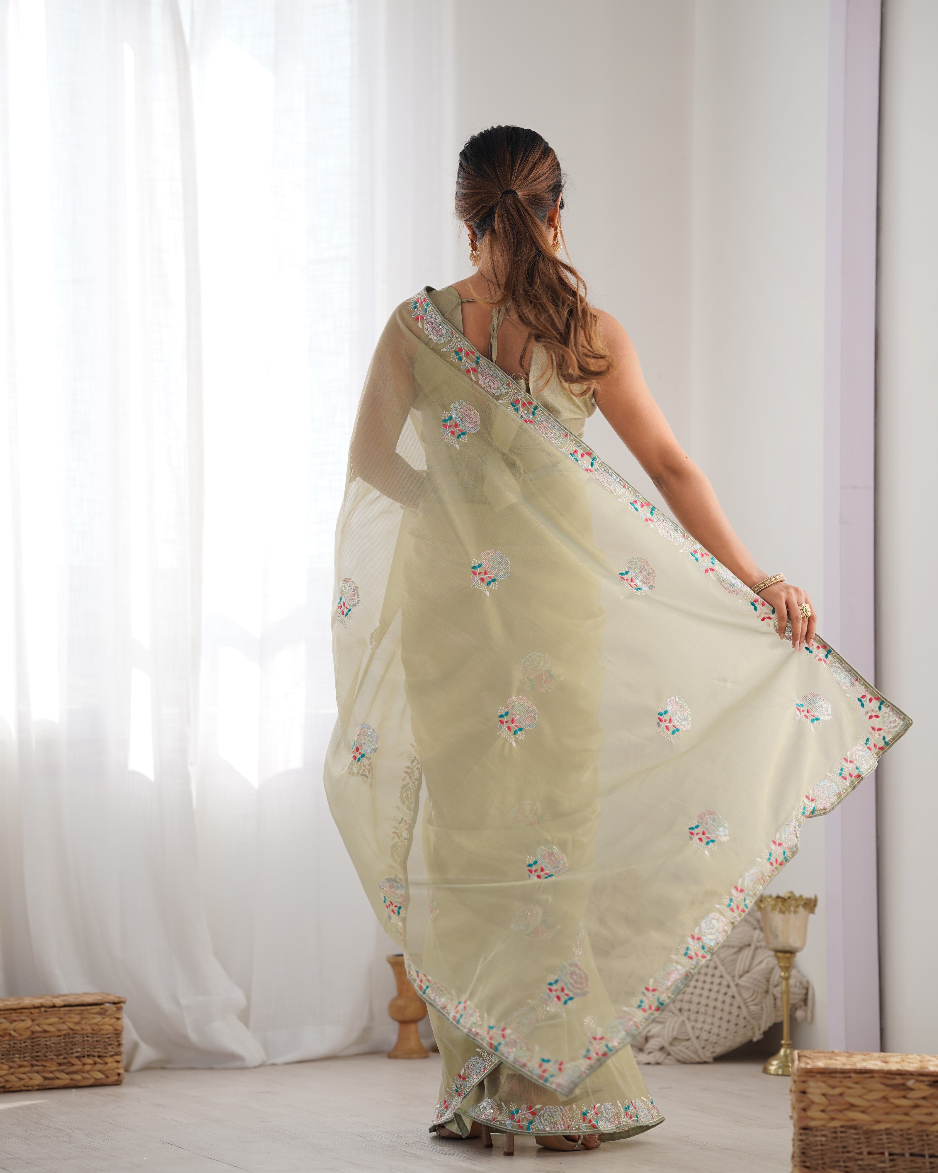 Jyoti Fashion Women's Pista Green Net Sequins Embroidered Designer Saree with Blouse - Distacart