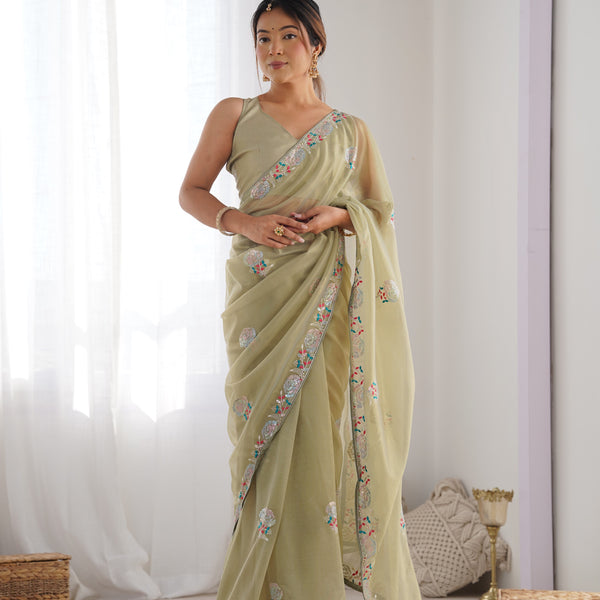 Jyoti Fashion Women's Pista Green Net Sequins Embroidered Designer Saree with Blouse - Distacart