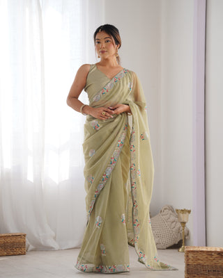 Jyoti Fashion Women's Pista Green Net Sequins Embroidered Designer Saree with Blouse - Distacart