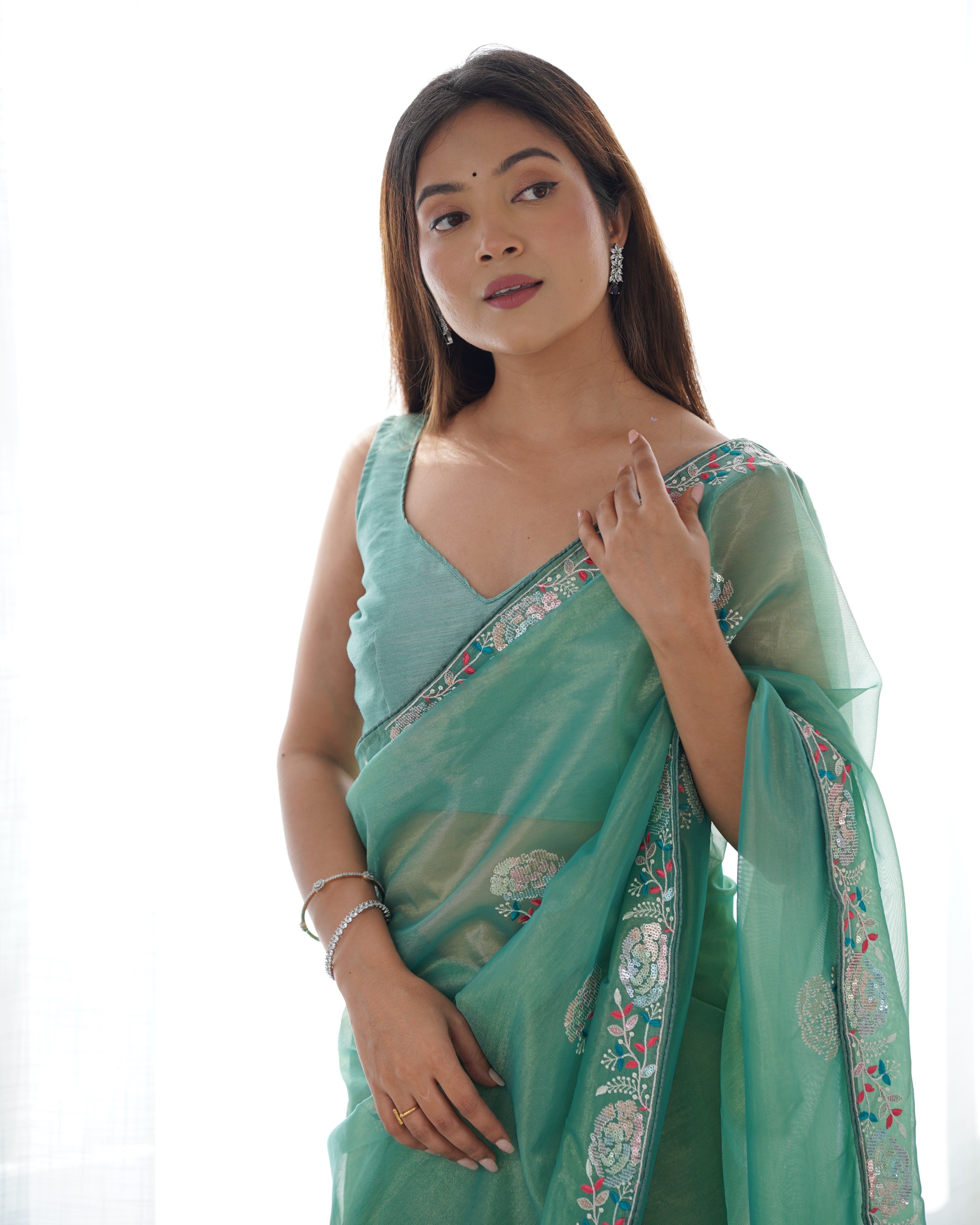 Jyoti Fashion Women's Sea Green Net Sequins Embroidered Designer Saree with Blouse - Distacart
