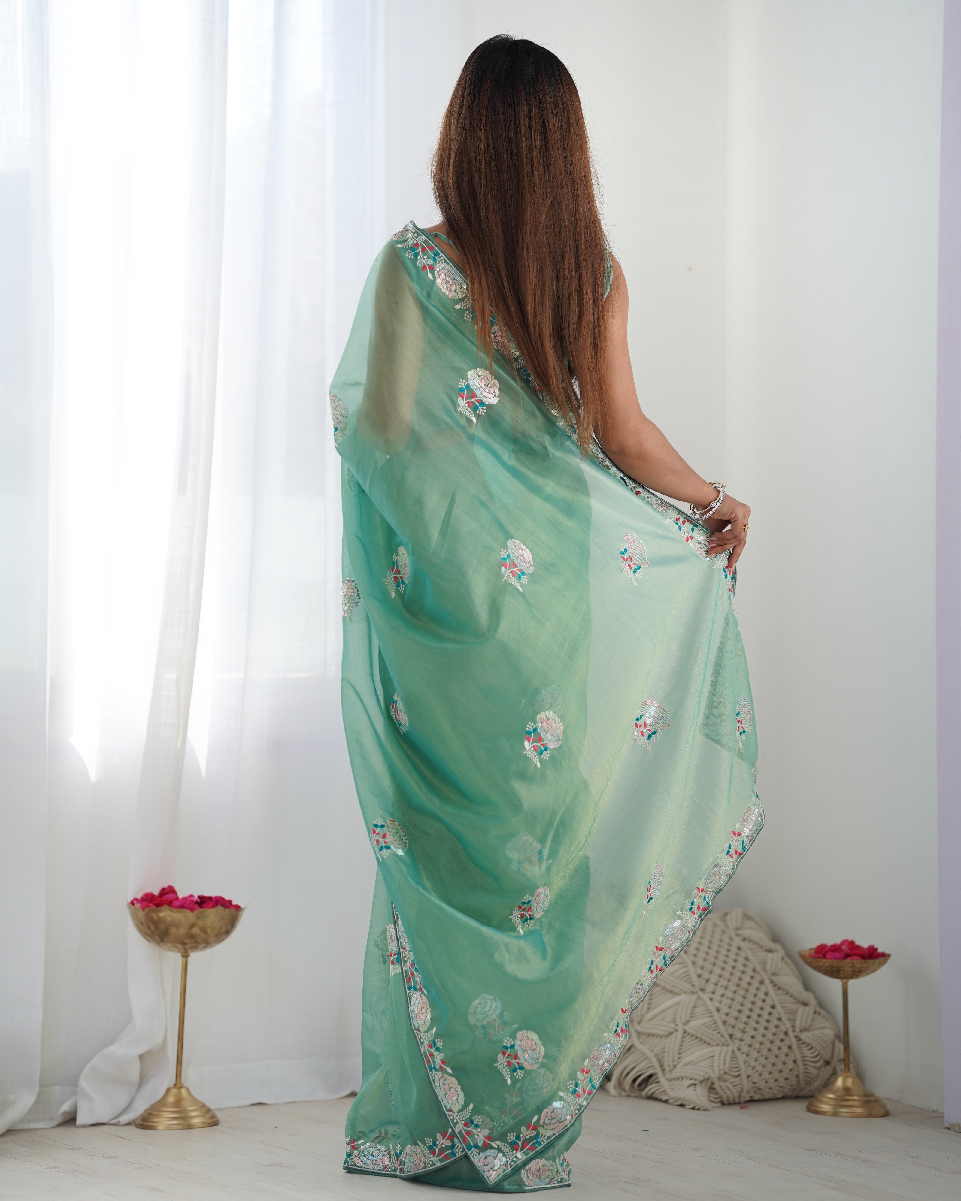 Jyoti Fashion Women's Sea Green Net Sequins Embroidered Designer Saree with Blouse - Distacart