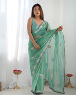 Thumbnail for Jyoti Fashion Women's Sea Green Net Sequins Embroidered Designer Saree with Blouse - Distacart