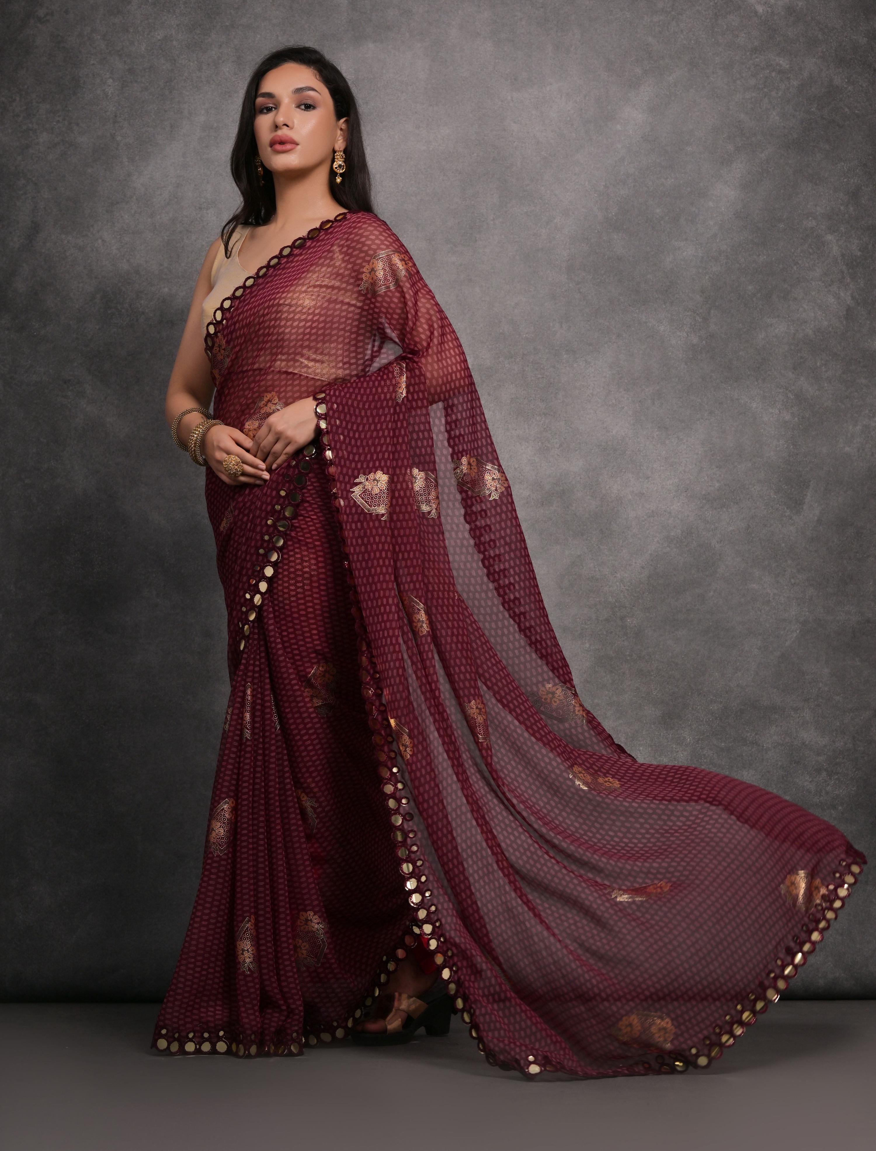 Jyoti Fashion Women's Maroon Chiffon Mirror Work Designer Saree with Blouse - Distacart