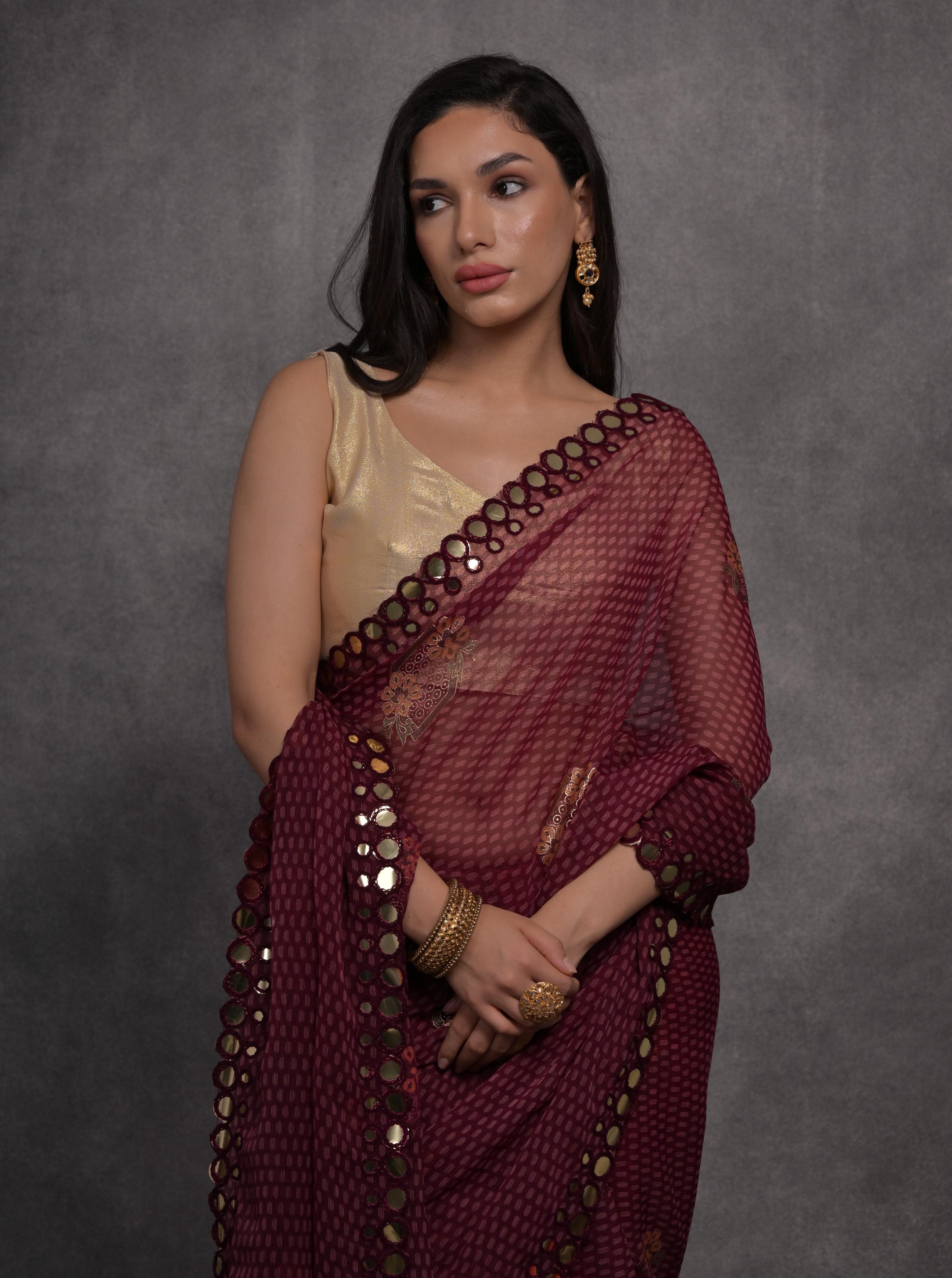 Jyoti Fashion Women's Maroon Chiffon Mirror Work Designer Saree with Blouse - Distacart