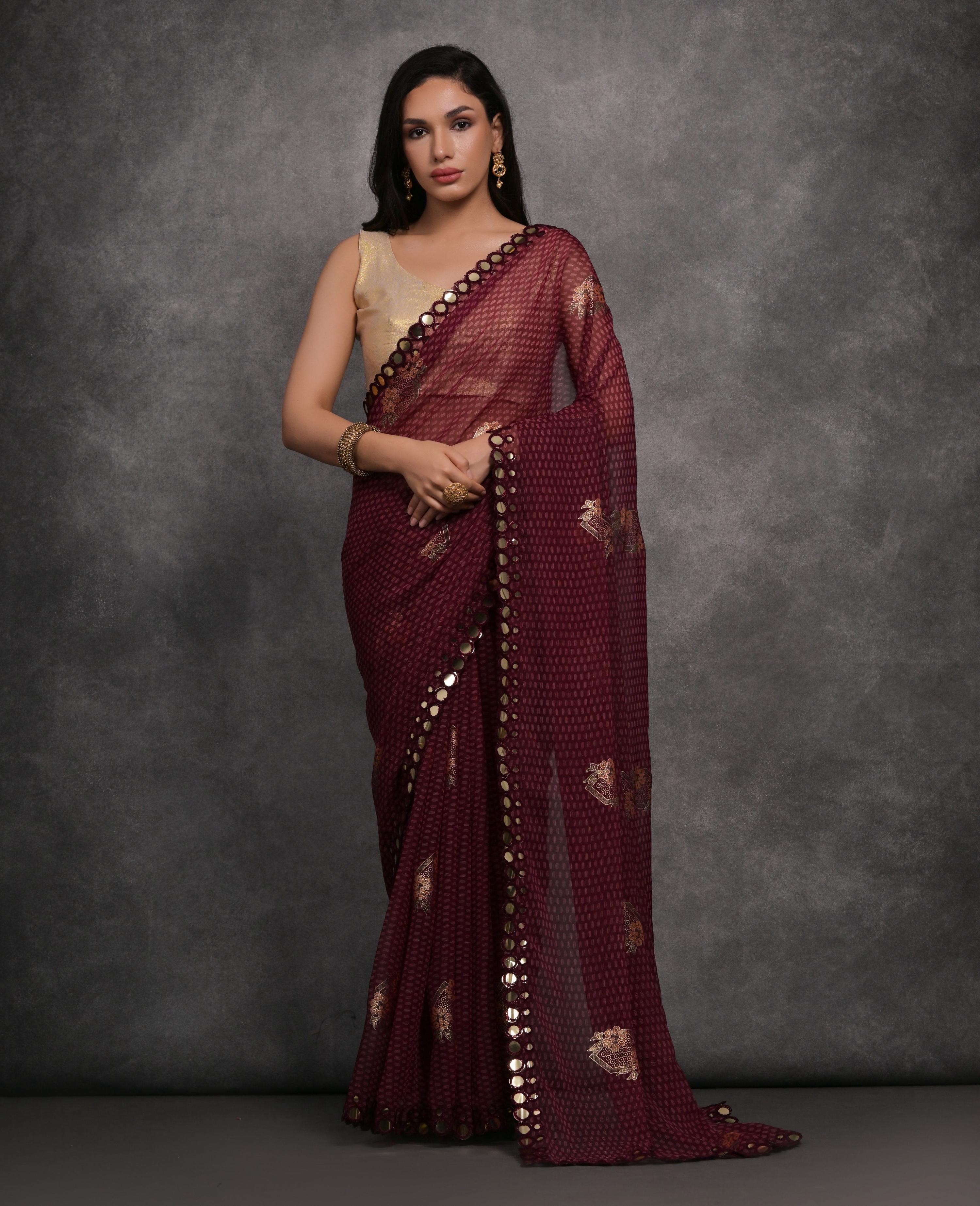Jyoti Fashion Women's Maroon Chiffon Mirror Work Designer Saree with Blouse - Distacart