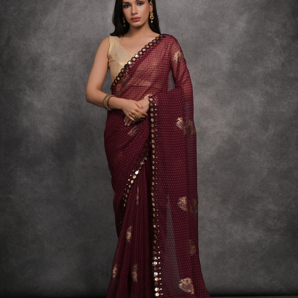 Jyoti Fashion Women's Maroon Chiffon Mirror Work Designer Saree with Blouse - Distacart