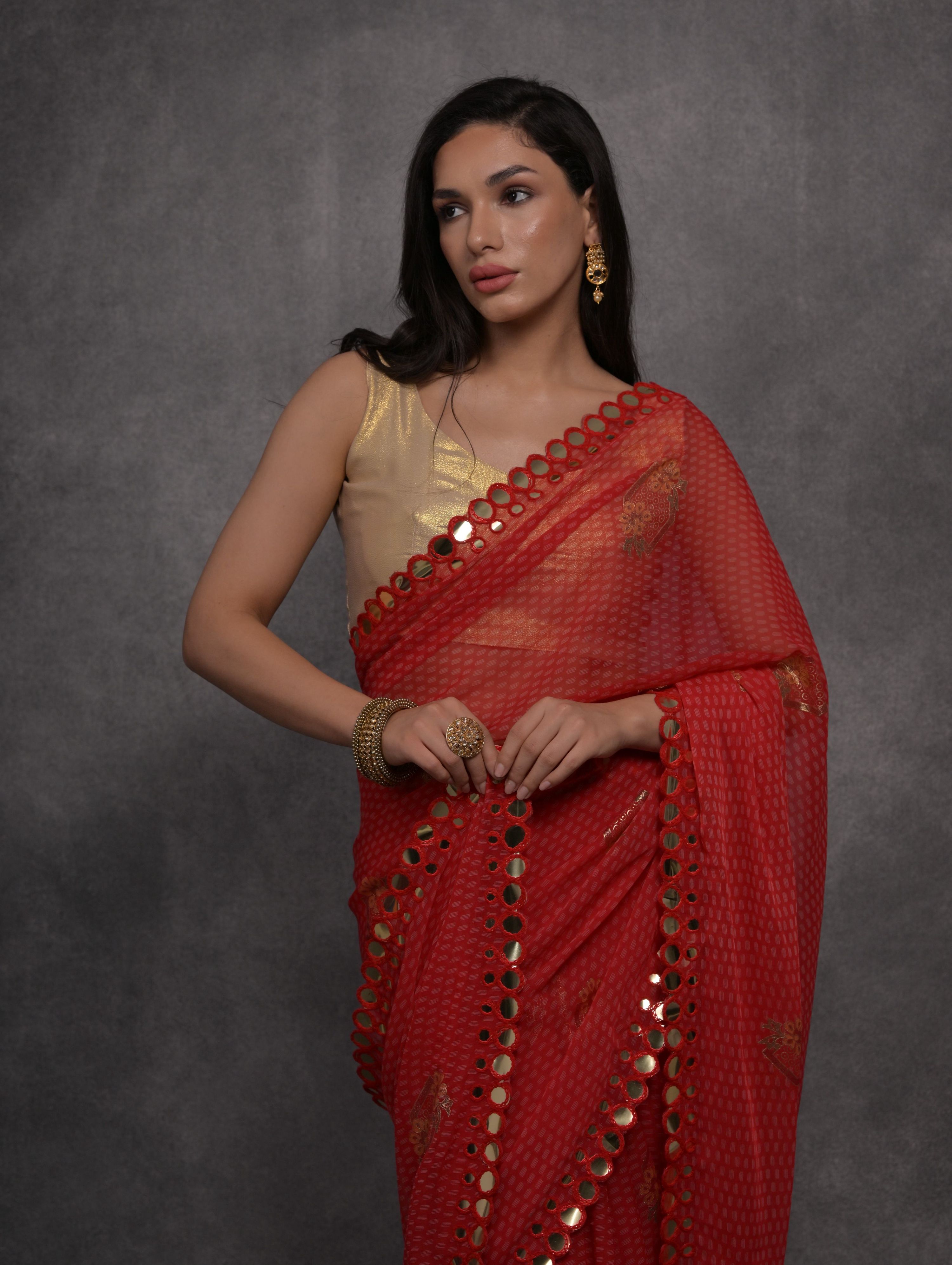 Jyoti Fashion Women's Red Chiffon Mirror Work Designer Saree with Blouse - Distacart