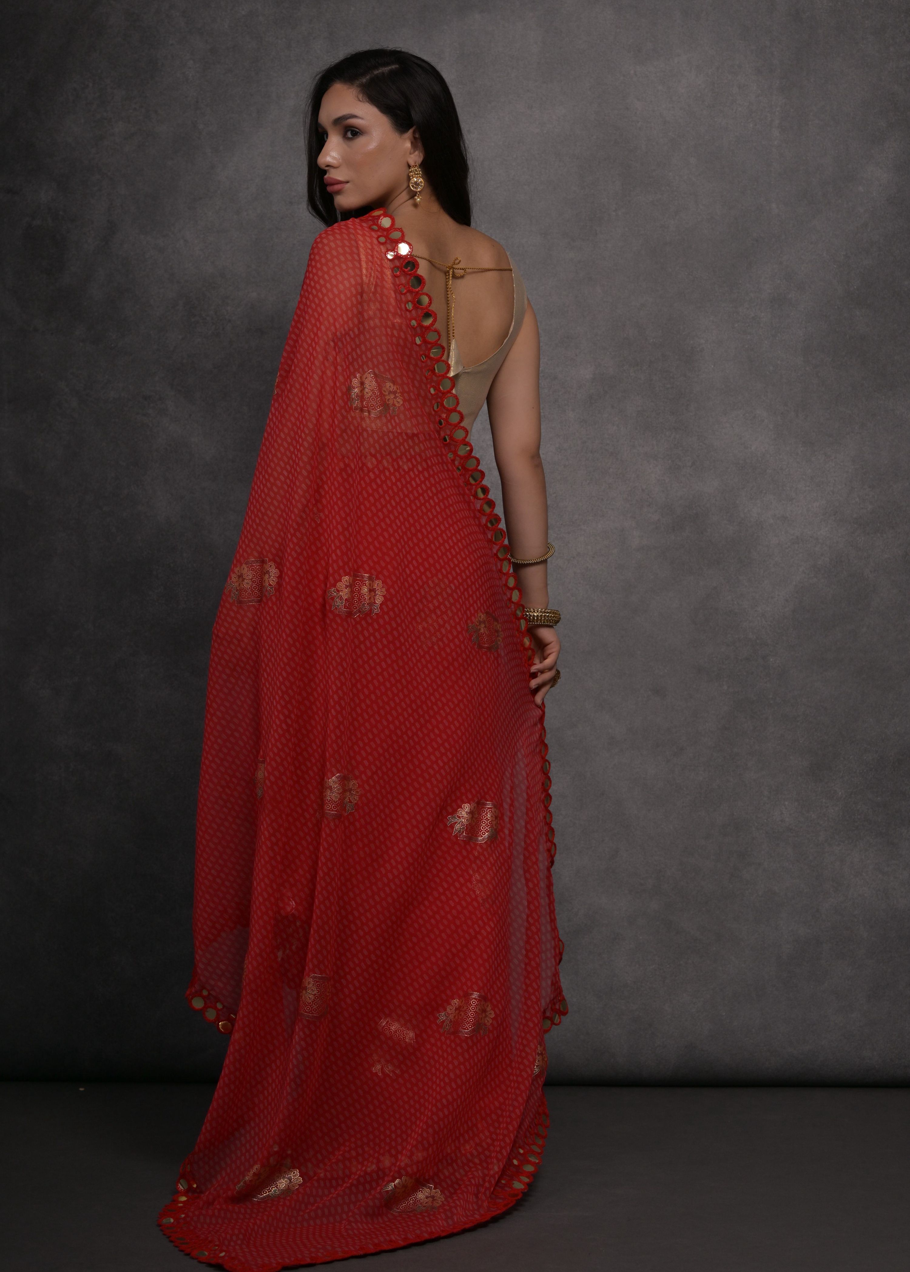 Jyoti Fashion Women's Red Chiffon Mirror Work Designer Saree with Blouse - Distacart