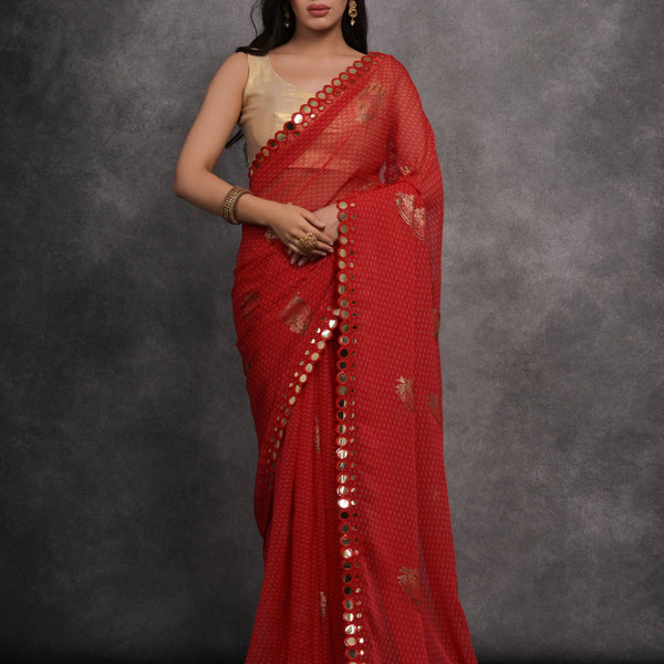 Jyoti Fashion Women's Red Chiffon Mirror Work Designer Saree with Blouse - Distacart