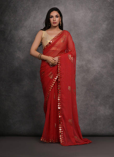 Jyoti Fashion Women's Red Chiffon Mirror Work Designer Saree with Blouse - Distacart