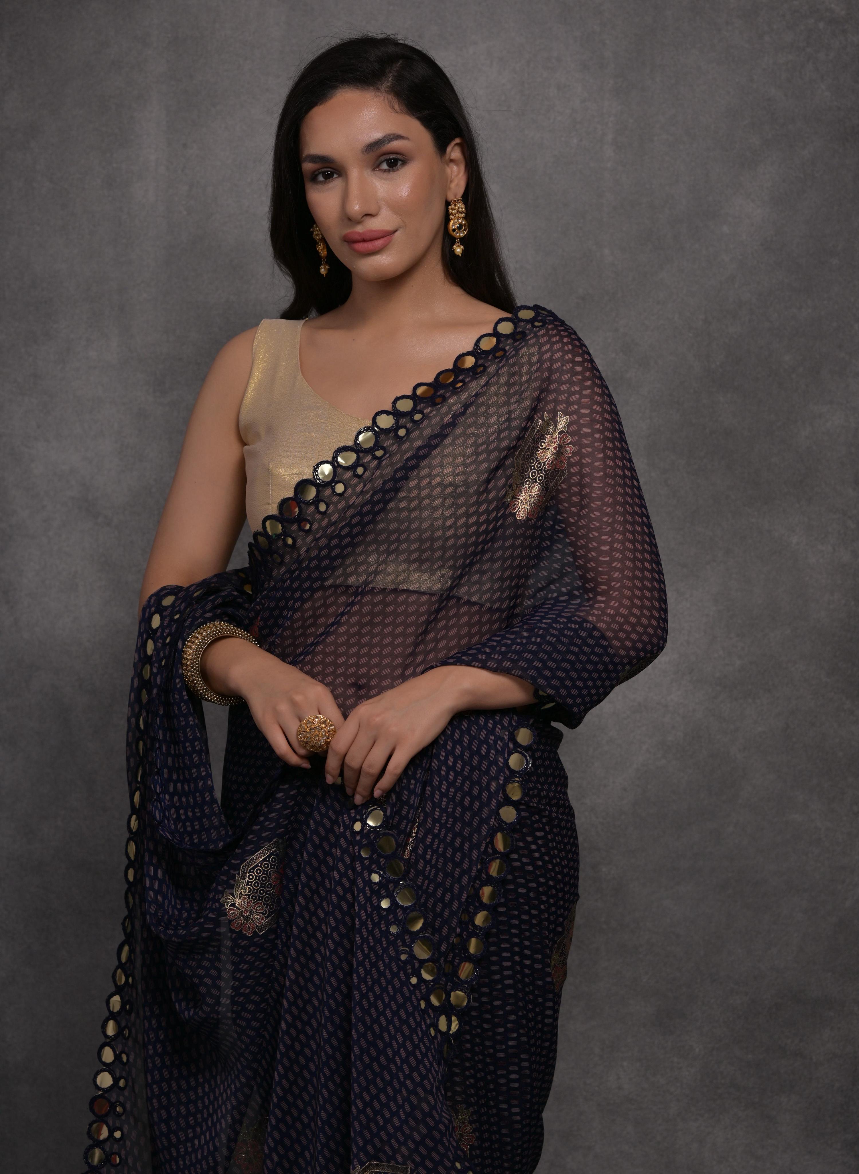 Jyoti Fashion Women's Navy Blue Chiffon Mirror Work Designer Saree with Blouse - Distacart