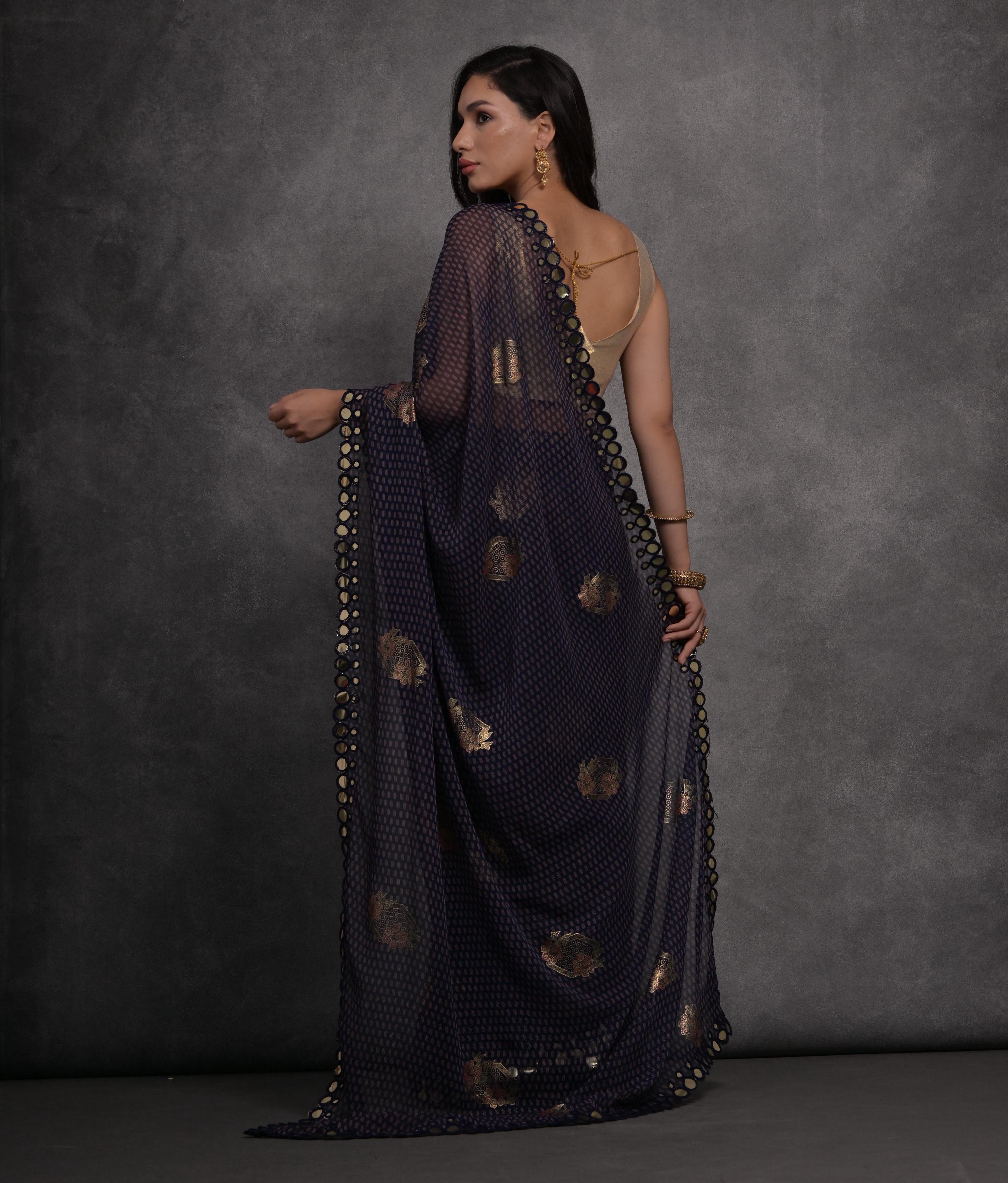Jyoti Fashion Women's Navy Blue Chiffon Mirror Work Designer Saree with Blouse - Distacart