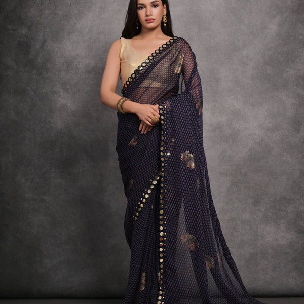 Jyoti Fashion Women's Navy Blue Chiffon Mirror Work Designer Saree with Blouse - Distacart