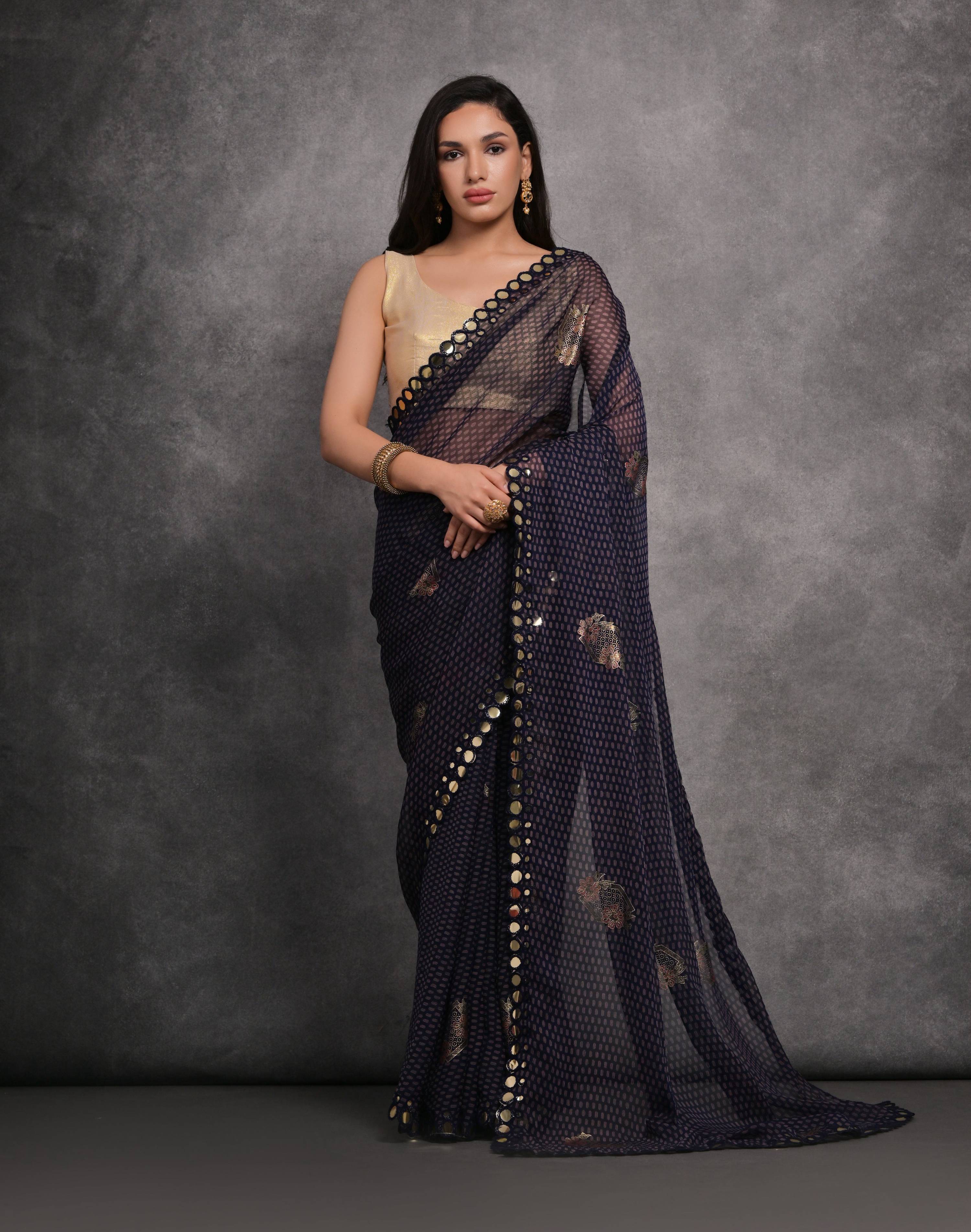 Jyoti Fashion Women's Navy Blue Chiffon Mirror Work Designer Saree with Blouse - Distacart