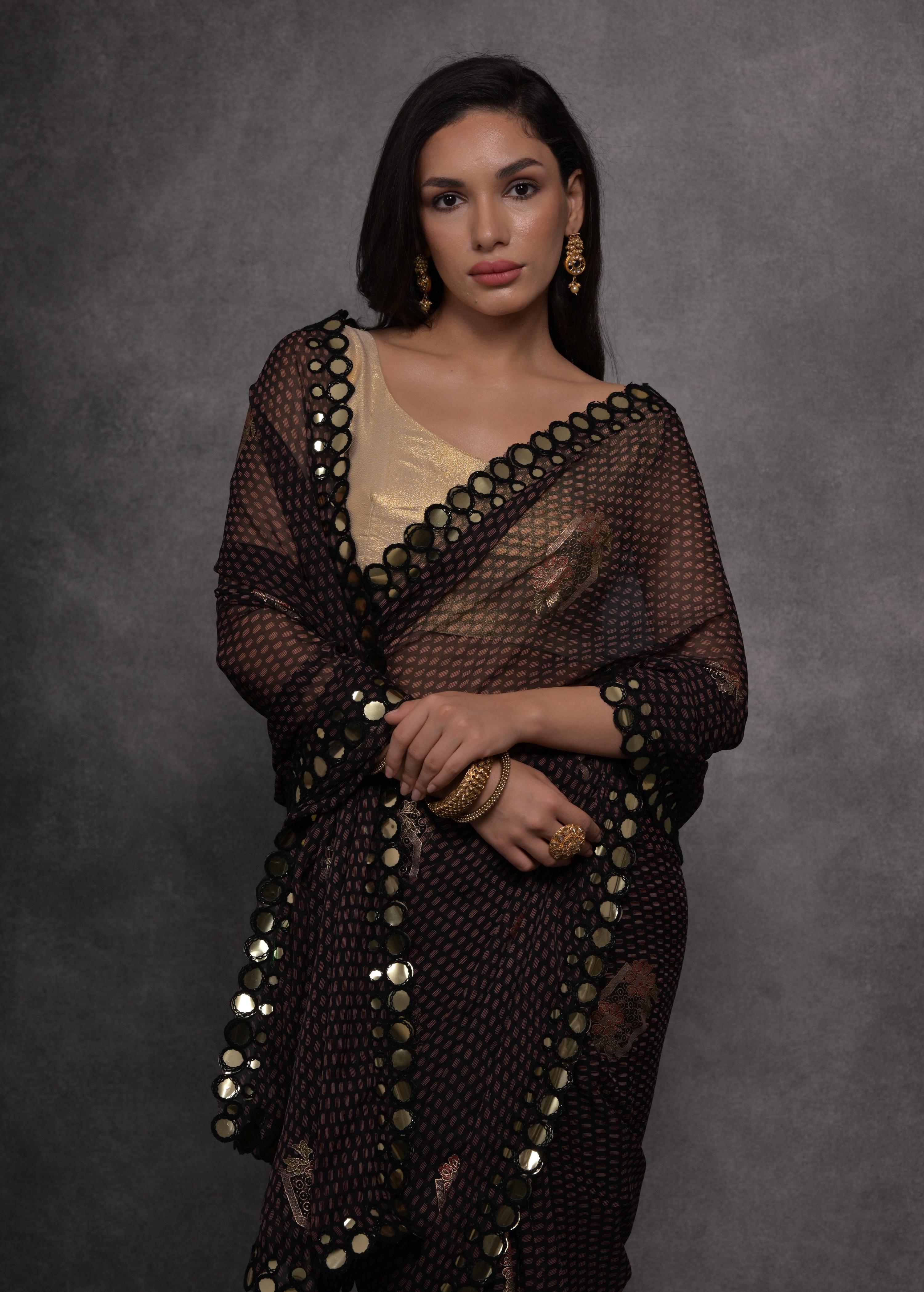 Jyoti Fashion Women's Black Chiffon Mirror Work Designer Saree with Blouse - Distacart