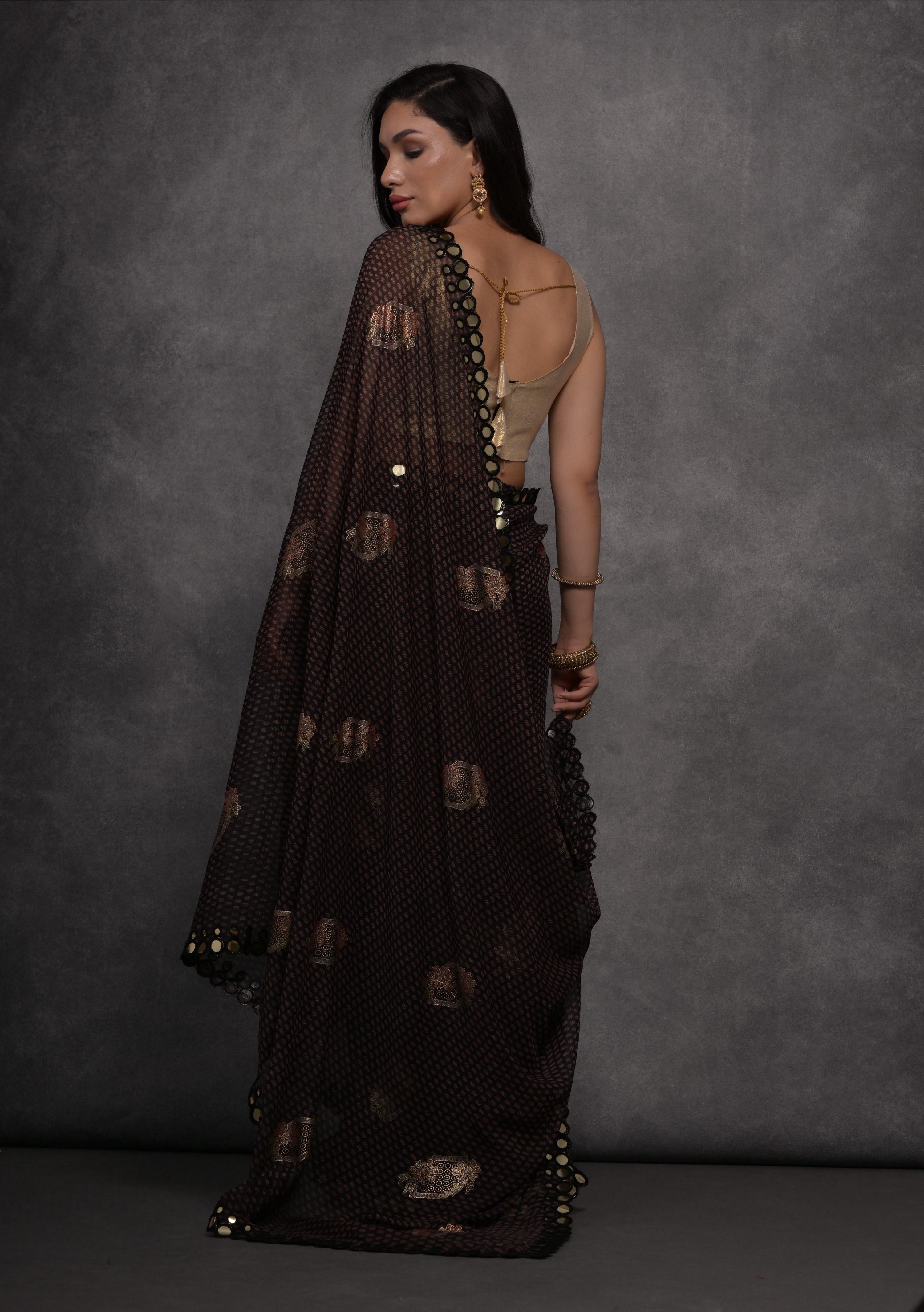 Jyoti Fashion Women's Black Chiffon Mirror Work Designer Saree with Blouse - Distacart