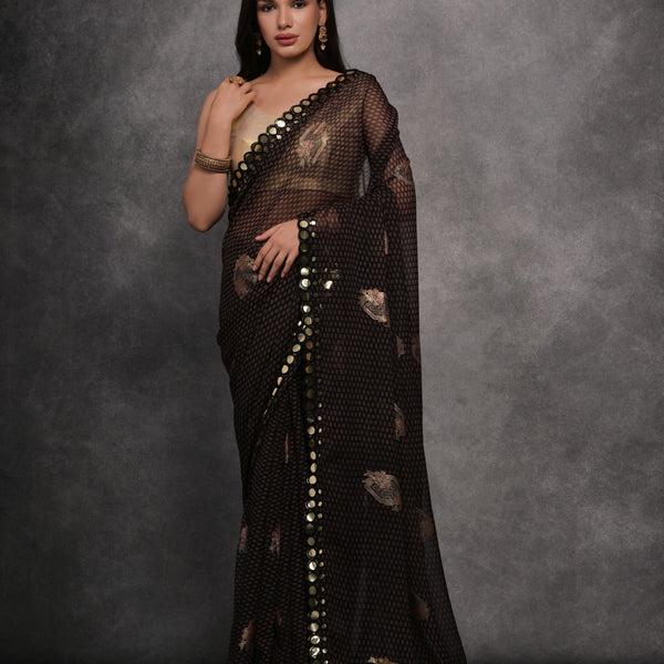 Jyoti Fashion Women's Black Chiffon Mirror Work Designer Saree with Blouse - Distacart