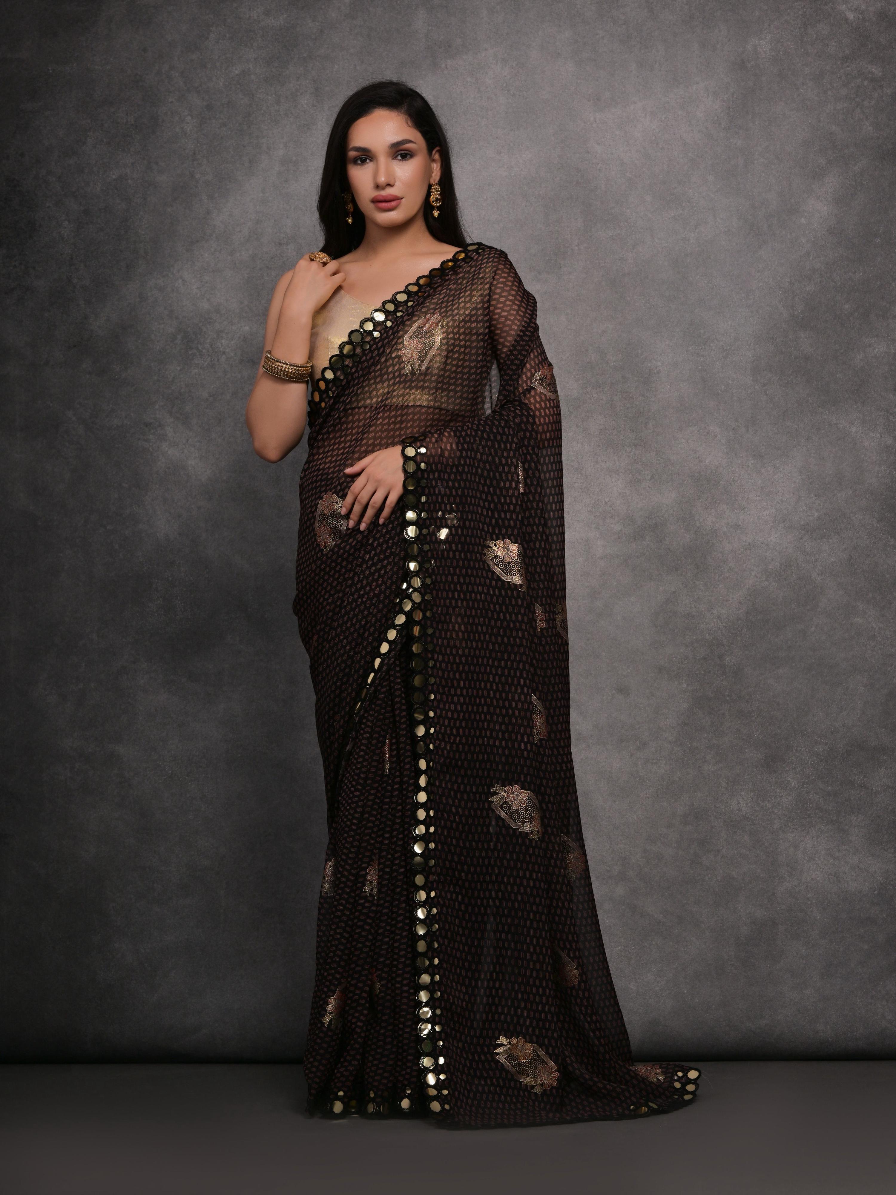 Jyoti Fashion Women's Black Chiffon Mirror Work Designer Saree with Blouse - Distacart