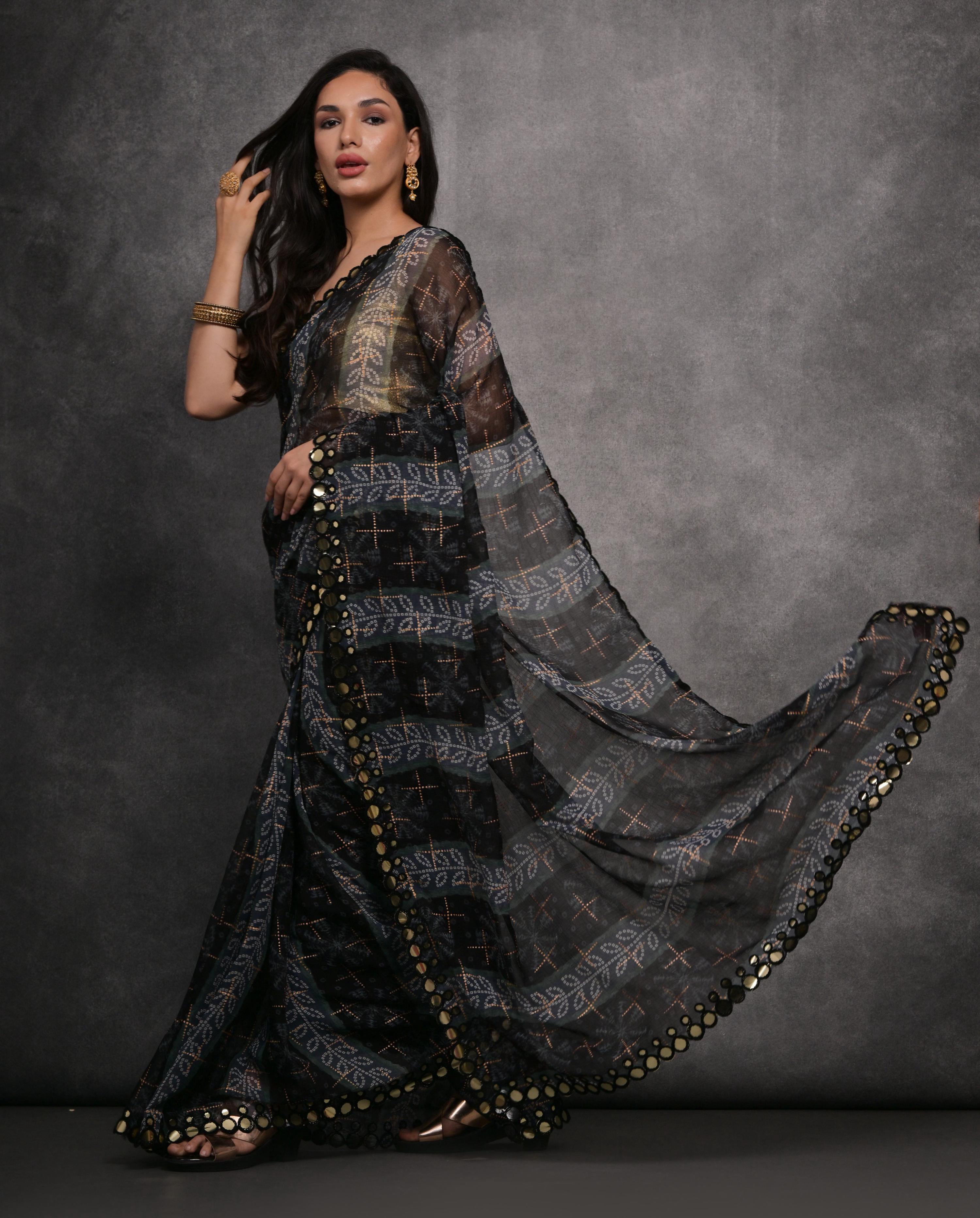 Jyoti Fashion Women's Grey Chiffon Mirror Work Designer Saree with Blouse - Distacart