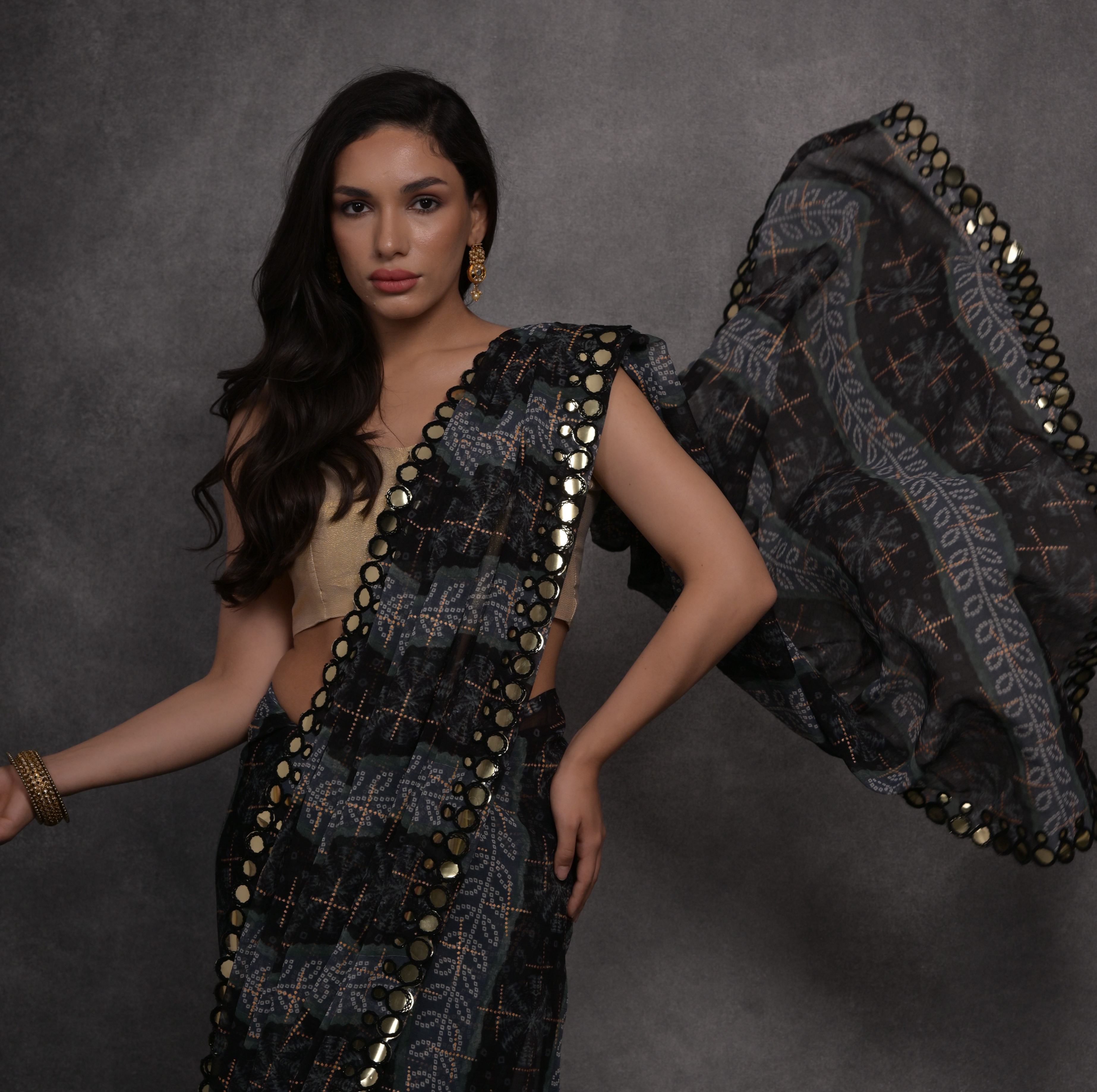 Jyoti Fashion Women's Grey Chiffon Mirror Work Designer Saree with Blouse - Distacart