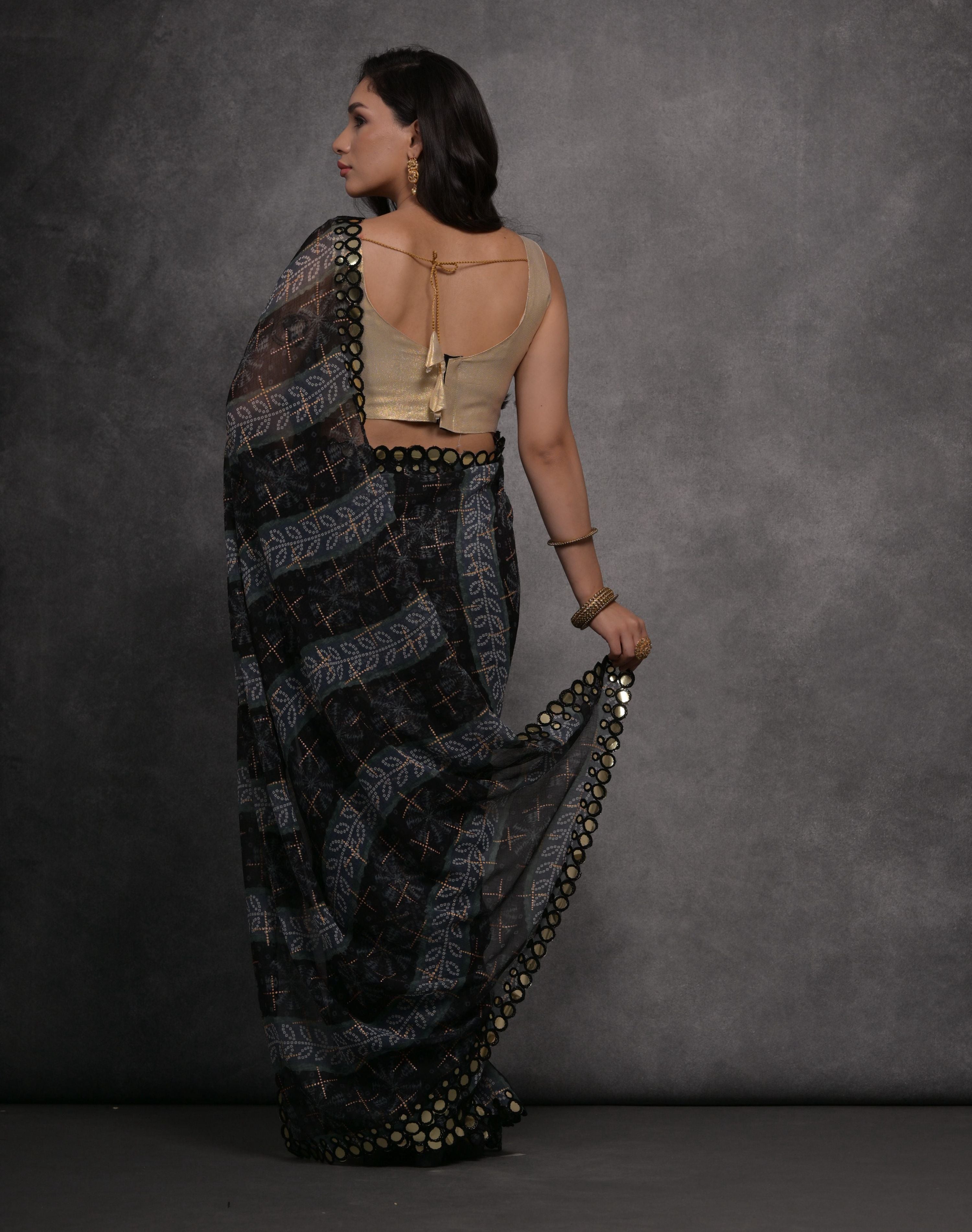 Jyoti Fashion Women's Grey Chiffon Mirror Work Designer Saree with Blouse - Distacart