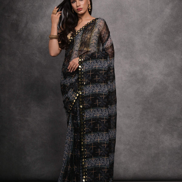 Jyoti Fashion Women's Grey Chiffon Mirror Work Designer Saree with Blouse - Distacart