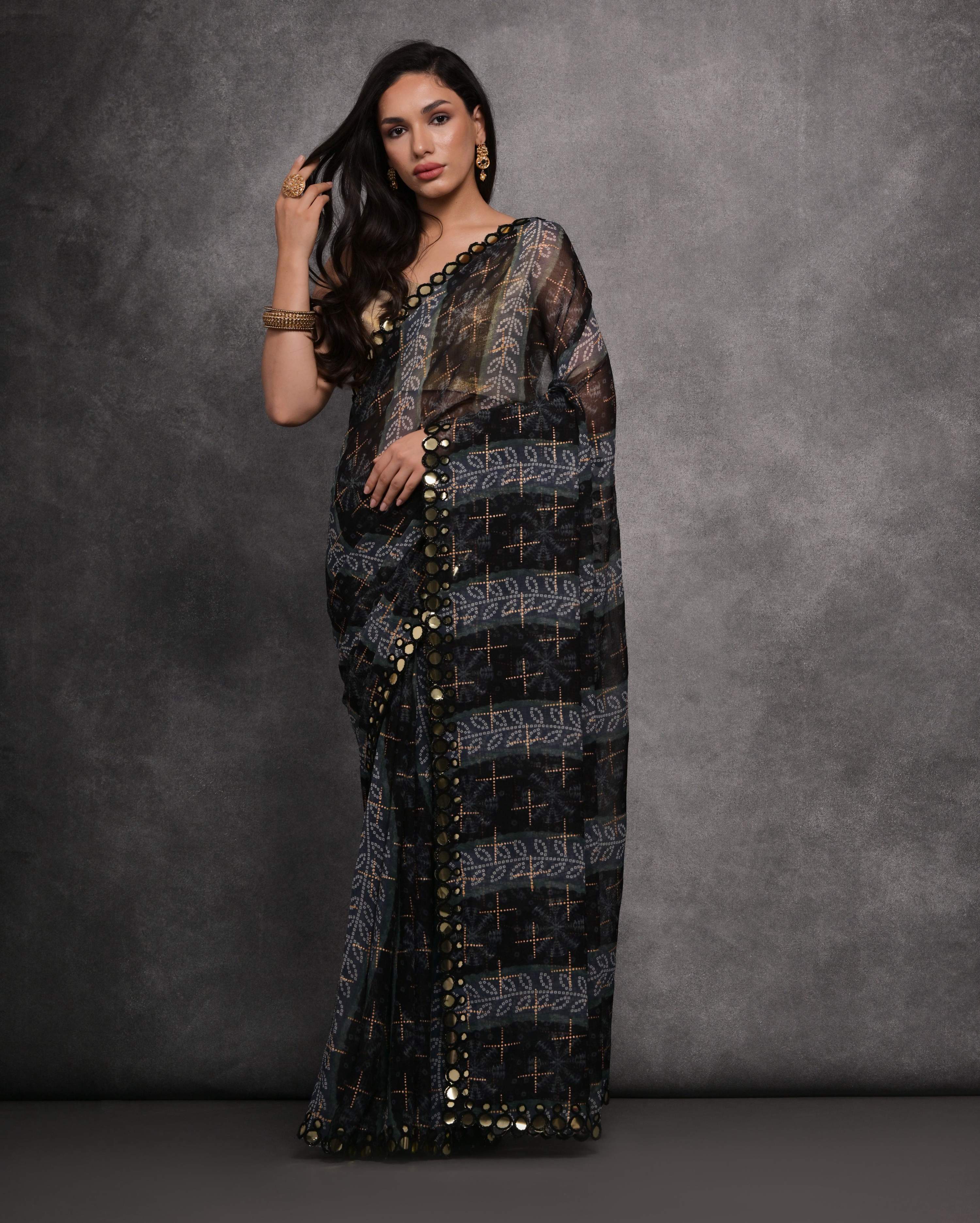 Jyoti Fashion Women's Grey Chiffon Mirror Work Designer Saree with Blouse - Distacart