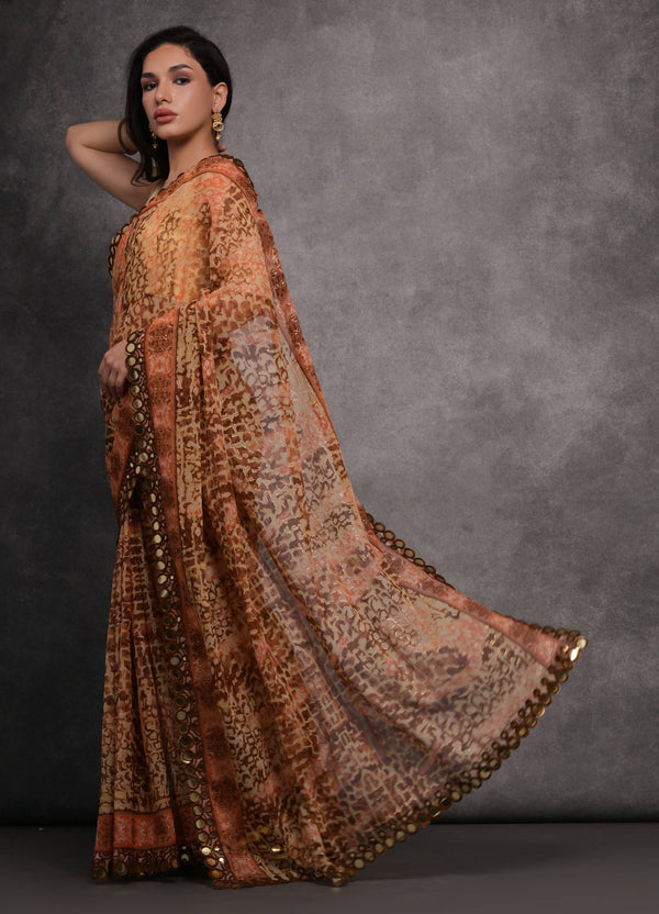 Jyoti Fashion Women's Brown Chiffon Mirror Work Designer Saree with Blouse - Distacart