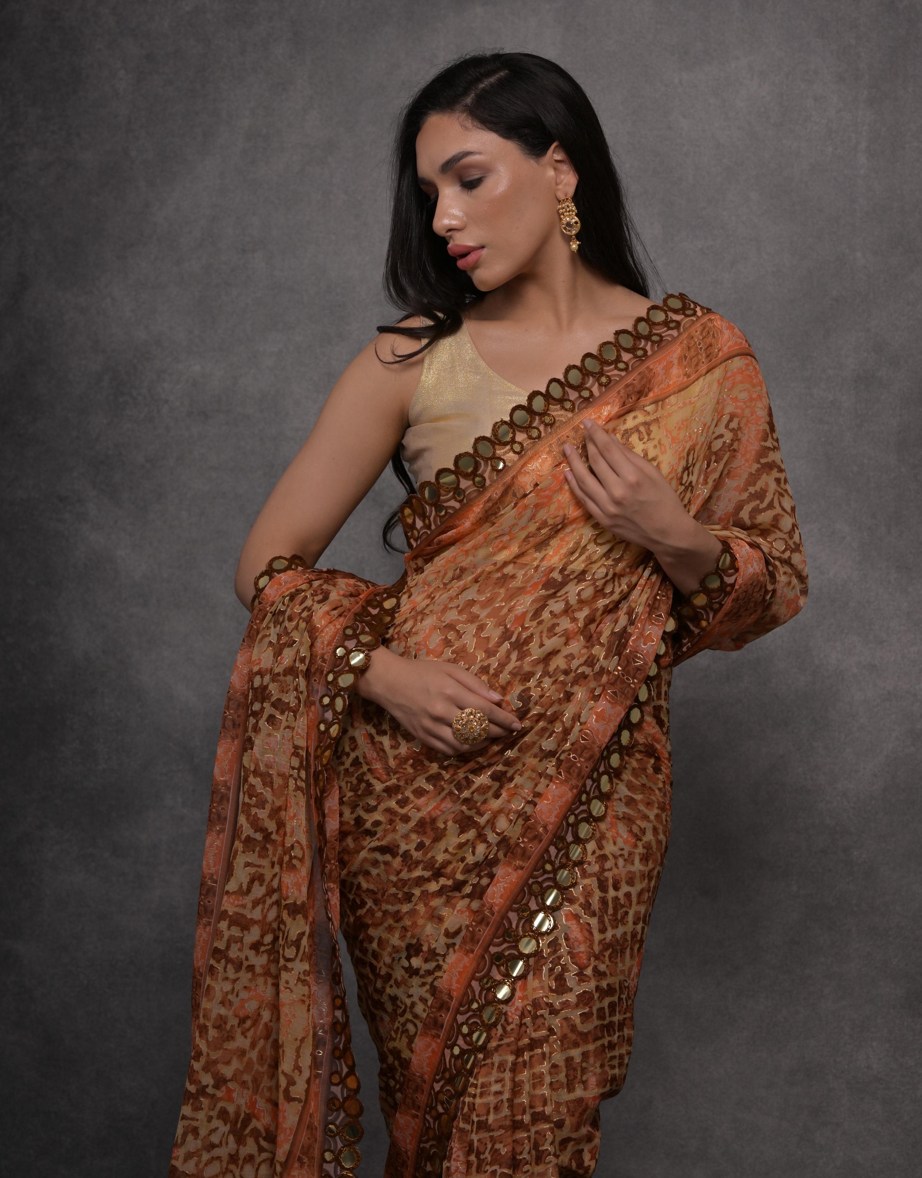 Jyoti Fashion Women's Brown Chiffon Mirror Work Designer Saree with Blouse - Distacart