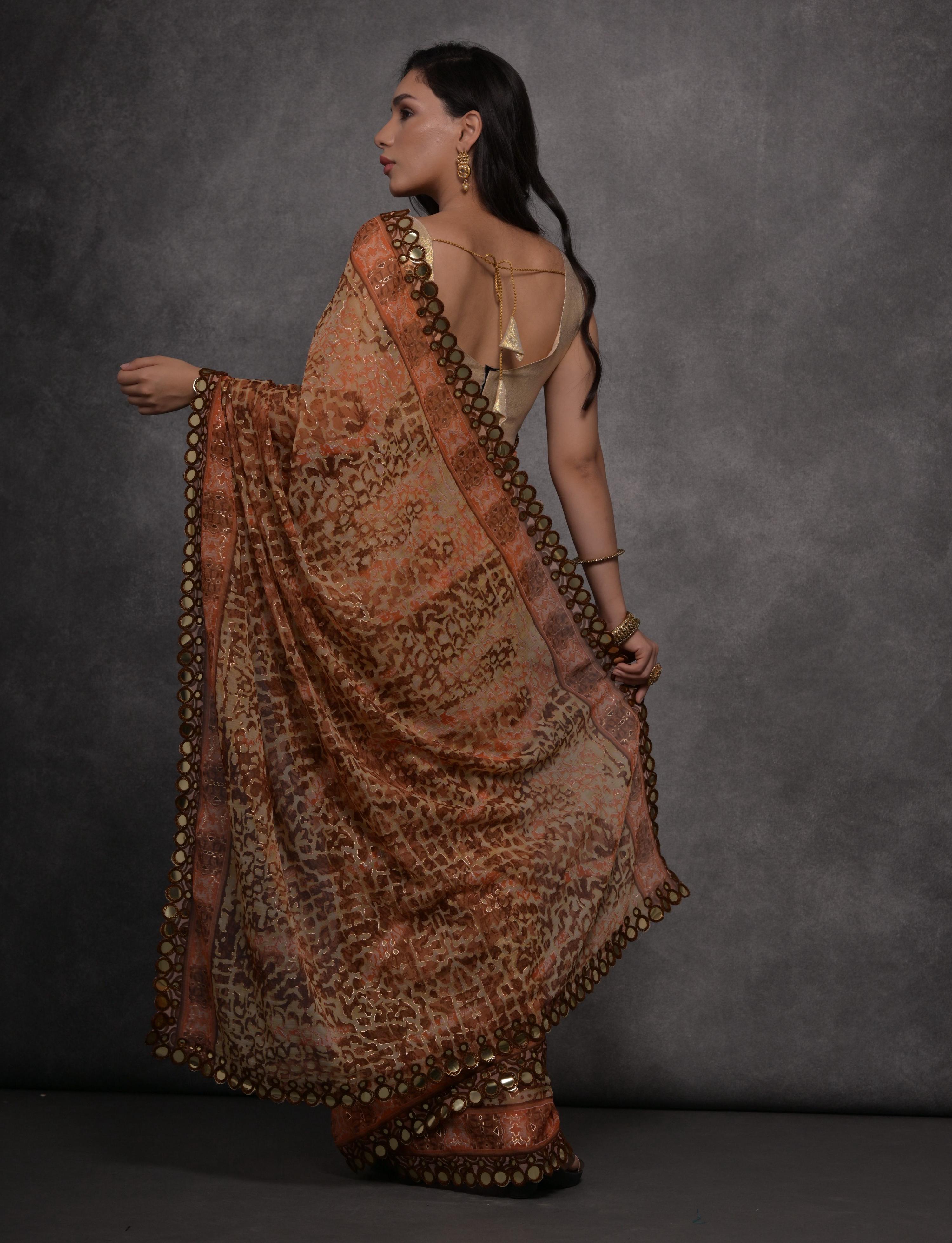 Jyoti Fashion Women's Brown Chiffon Mirror Work Designer Saree with Blouse - Distacart