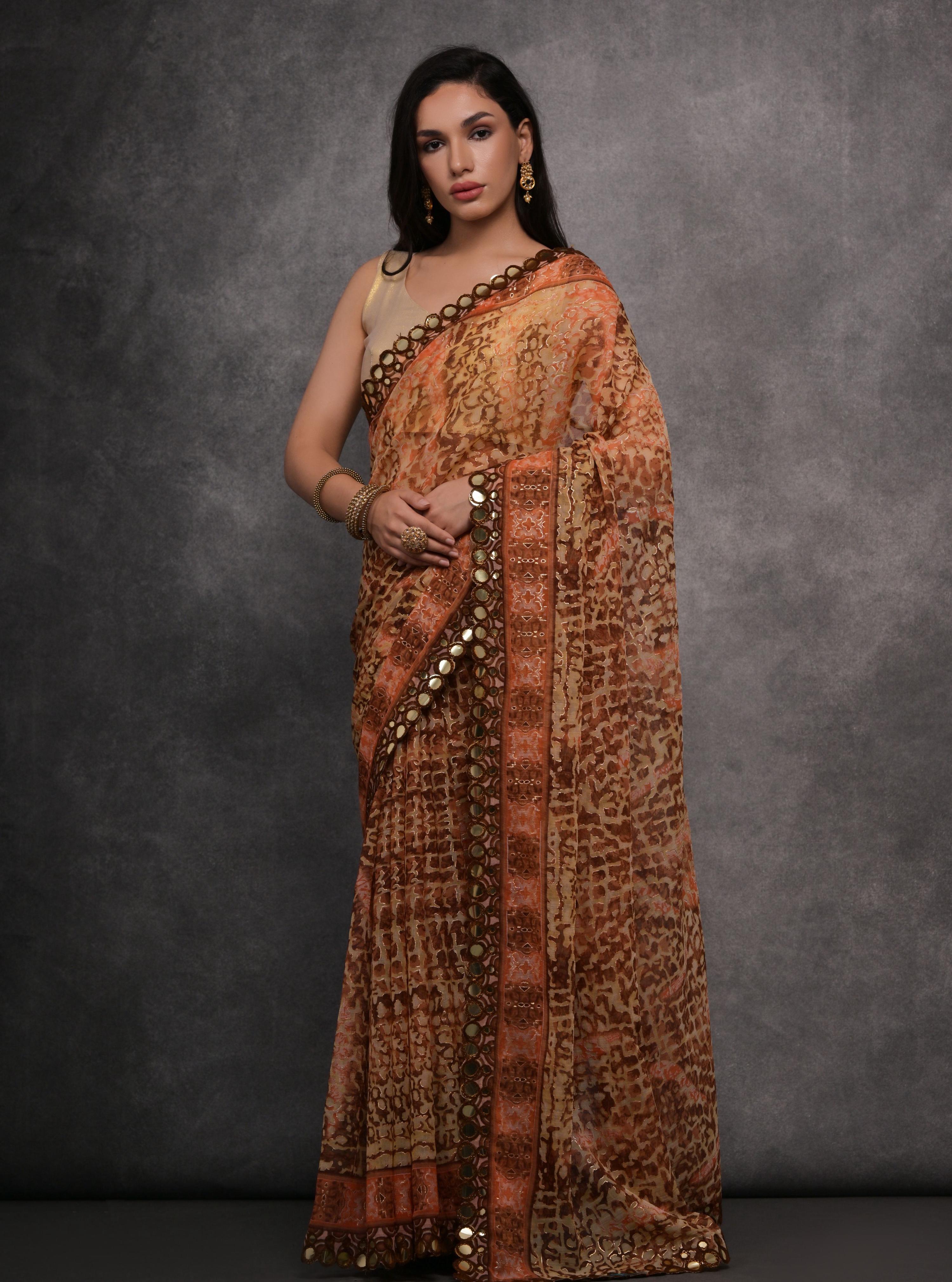 Jyoti Fashion Women's Brown Chiffon Mirror Work Designer Saree with Blouse - Distacart