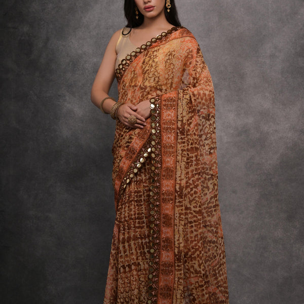 Jyoti Fashion Women's Brown Chiffon Mirror Work Designer Saree with Blouse - Distacart