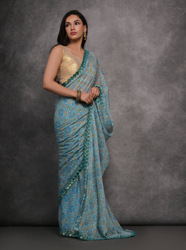 Jyoti Fashion Women's Sky Blue Chiffon Mirror Work Designer Saree with Blouse - Distacart