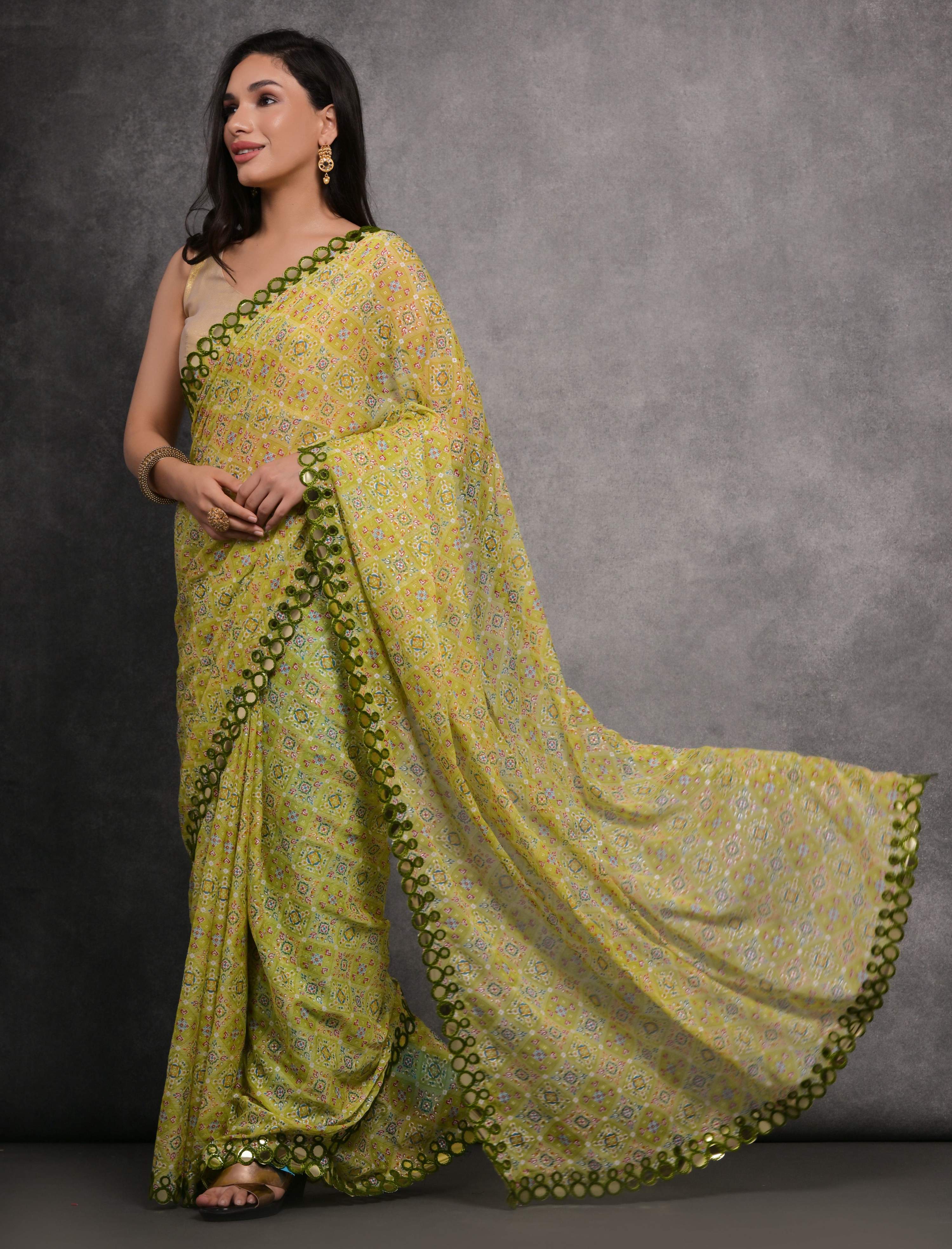 Jyoti Fashion Women's Mehendi Chiffon Mirror Work Designer Saree with Blouse - Distacart