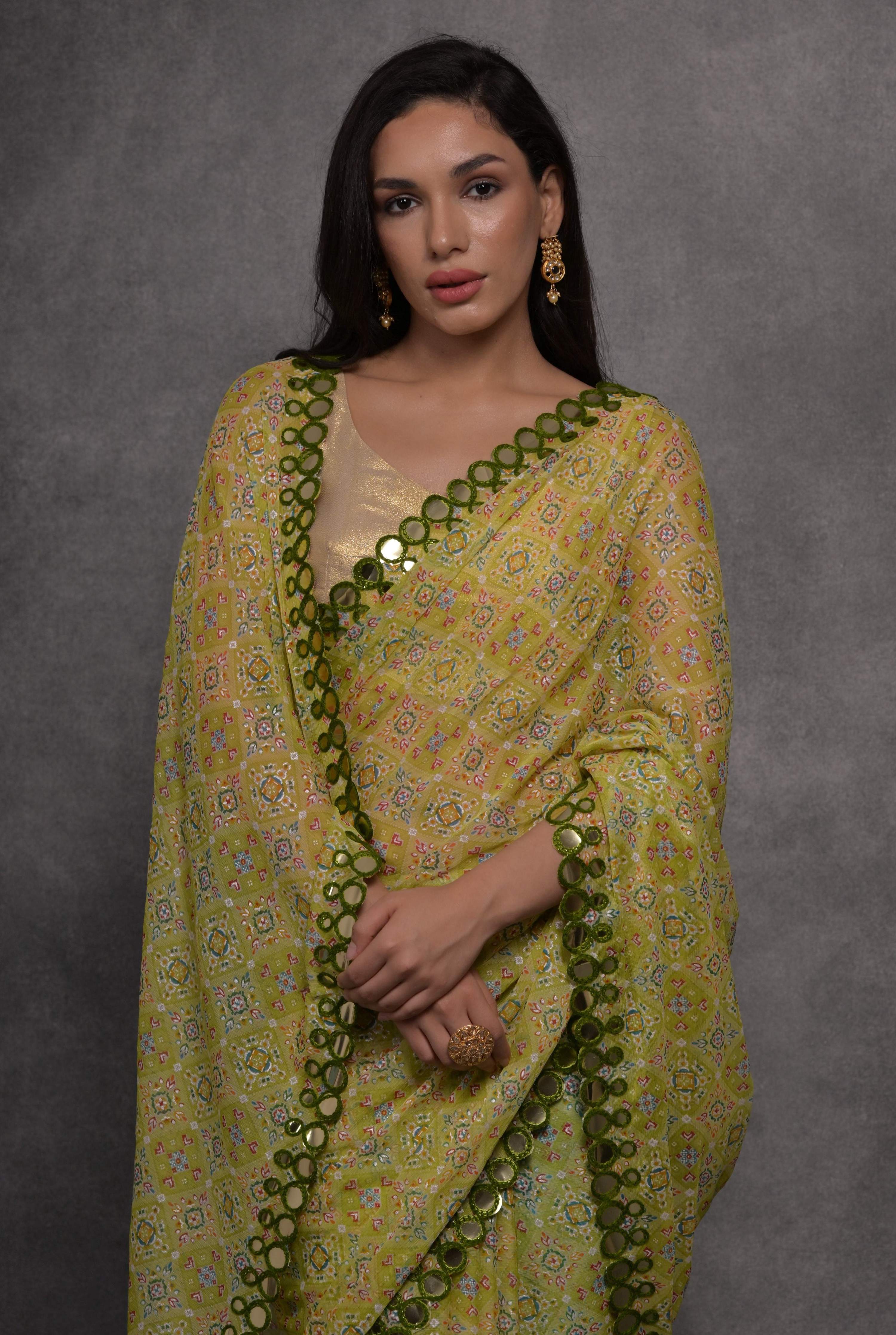 Jyoti Fashion Women's Mehendi Chiffon Mirror Work Designer Saree with Blouse - Distacart