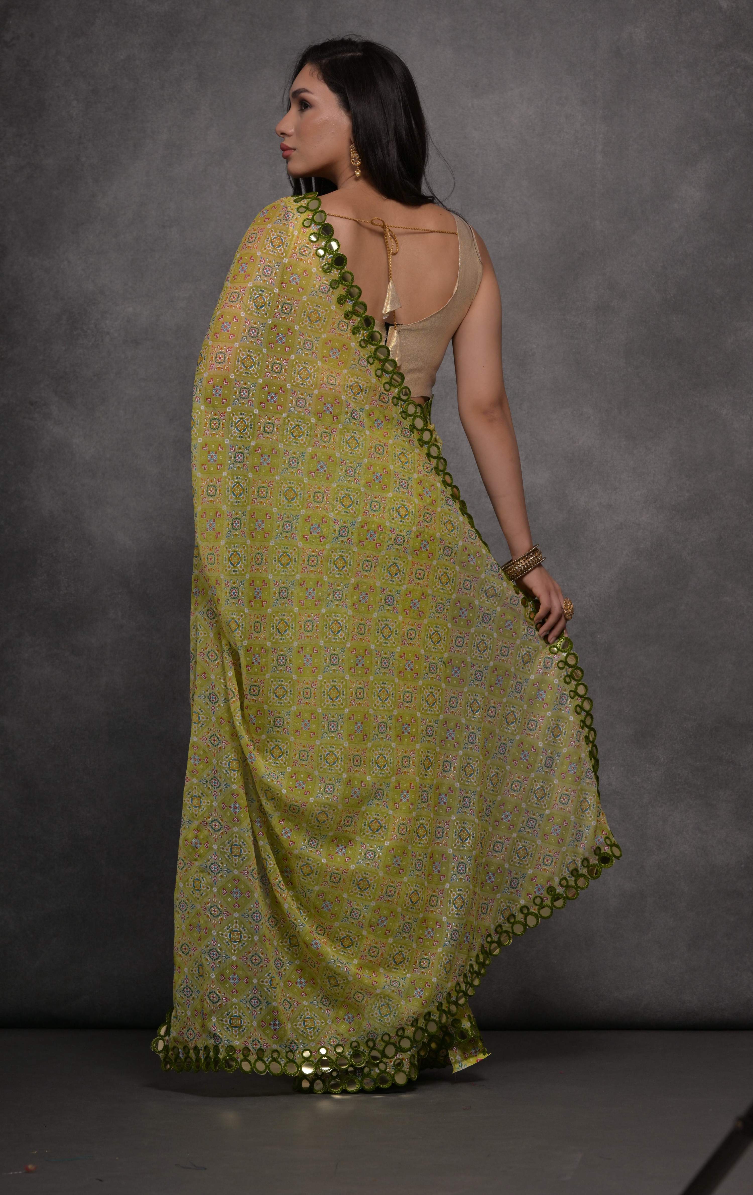 Jyoti Fashion Women's Mehendi Chiffon Mirror Work Designer Saree with Blouse - Distacart