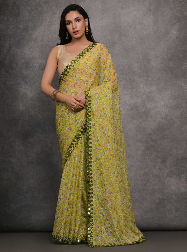 Jyoti Fashion Women's Mehendi Chiffon Mirror Work Designer Saree with Blouse - Distacart