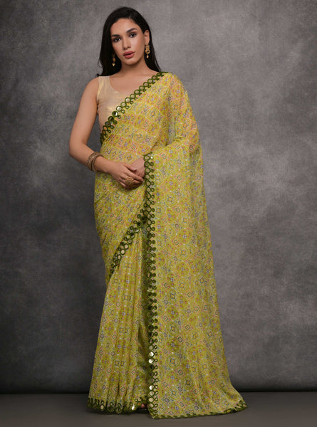 Jyoti Fashion Women's Mehendi Chiffon Mirror Work Designer Saree with Blouse - Distacart
